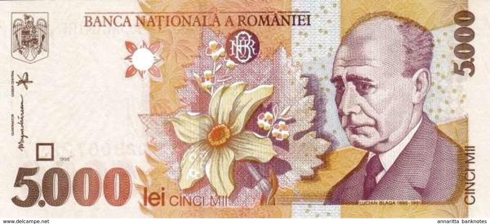 ROMANIA 5000 LEI 1998 P-107b UNC WMK: "BNR" ITALIC [RO267b] - Romania