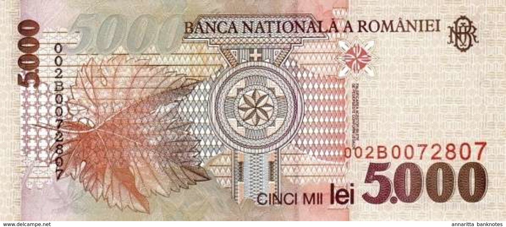 ROMANIA 5000 LEI 1998 P-107b UNC WMK: "BNR" ITALIC [RO267b] - Romania