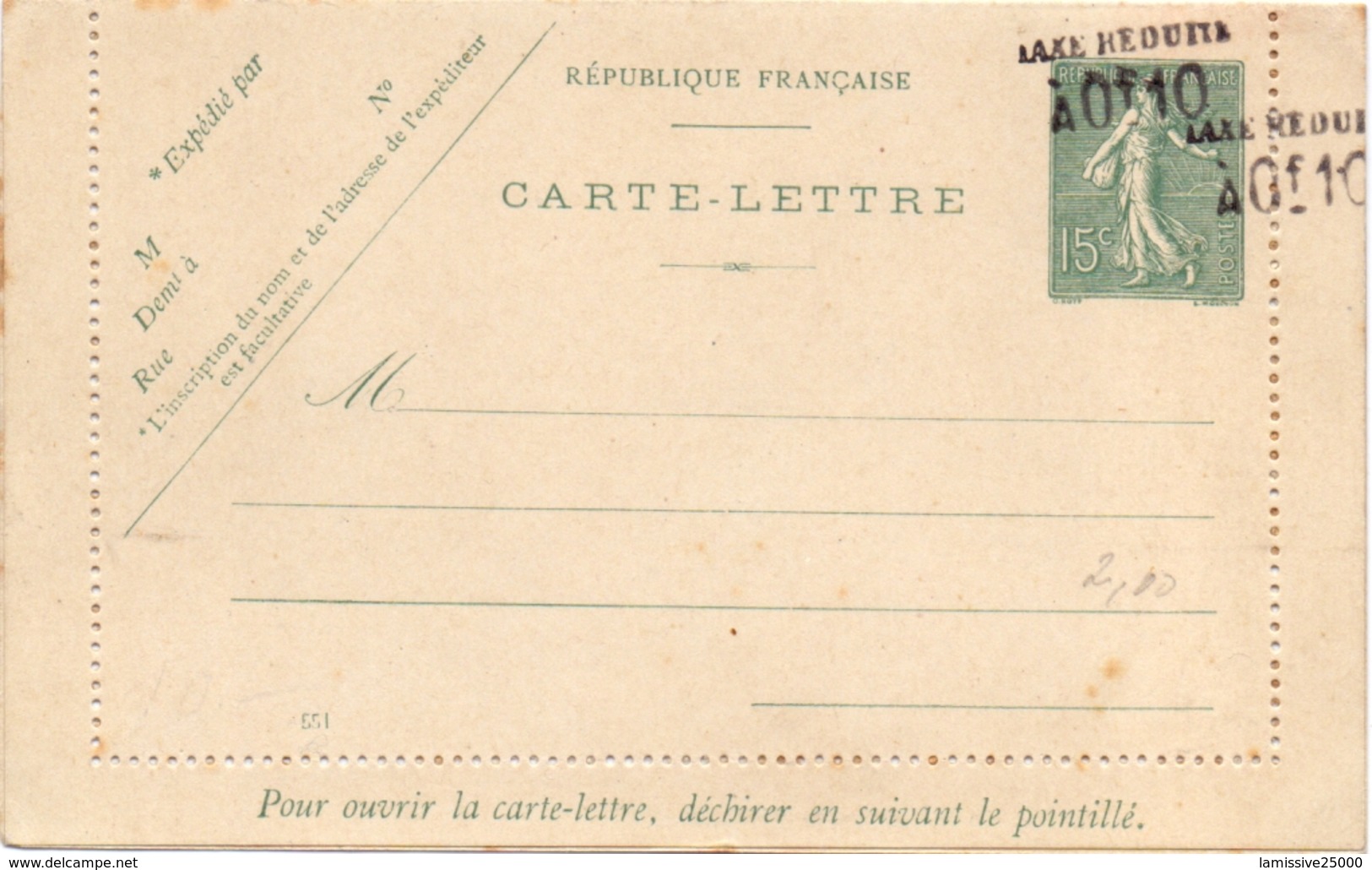 France Carte Lettre Semeuse Lignée 15 C Double Surcharge Taxe Reduite A 10 C - Cartes Postales Types Et TSC (avant 1995)