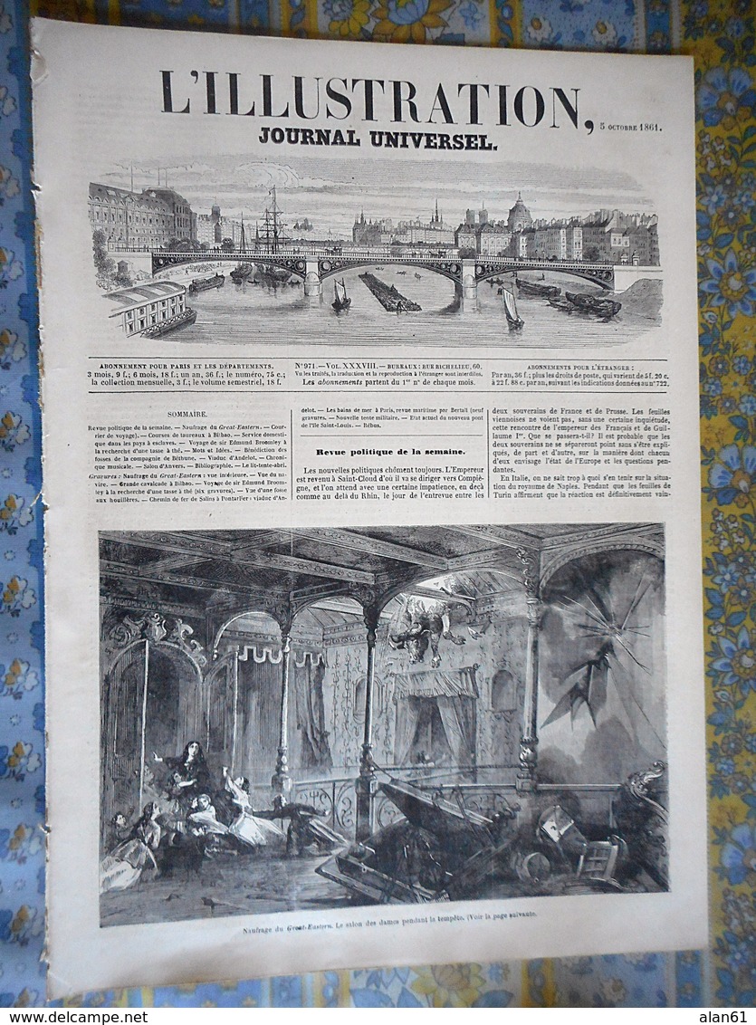 L' ILLUSTRATION 05/10/1861 NAUFRAGE GREAT EASTERN CHINE CANTON BETHUNE VIADUC ANDELOT BERTALL PARIS PONT LOUIS PHILIPPE - 1850 - 1899