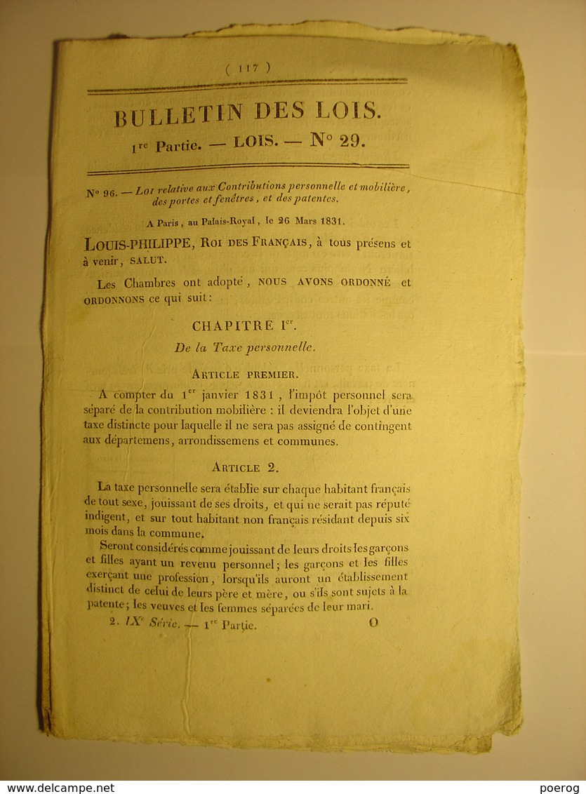 BULLETIN DES LOIS - 31 MARS 1831 - IMPOTS SUR LES PORTES ET LES FENETRES ET PATENTES - Decretos & Leyes