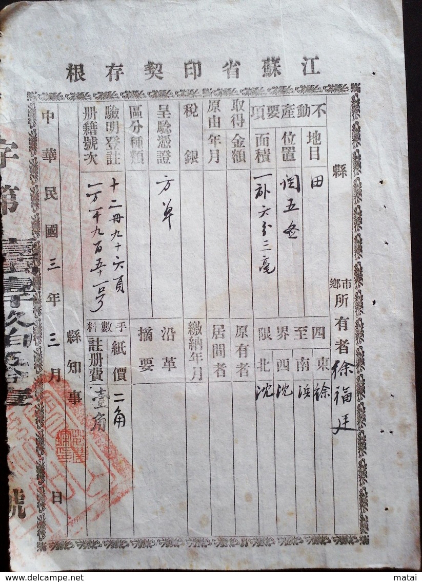 CHINA CHINE CINA  1914 JIANGSU DOCUMENT - 1912-1949 Republic