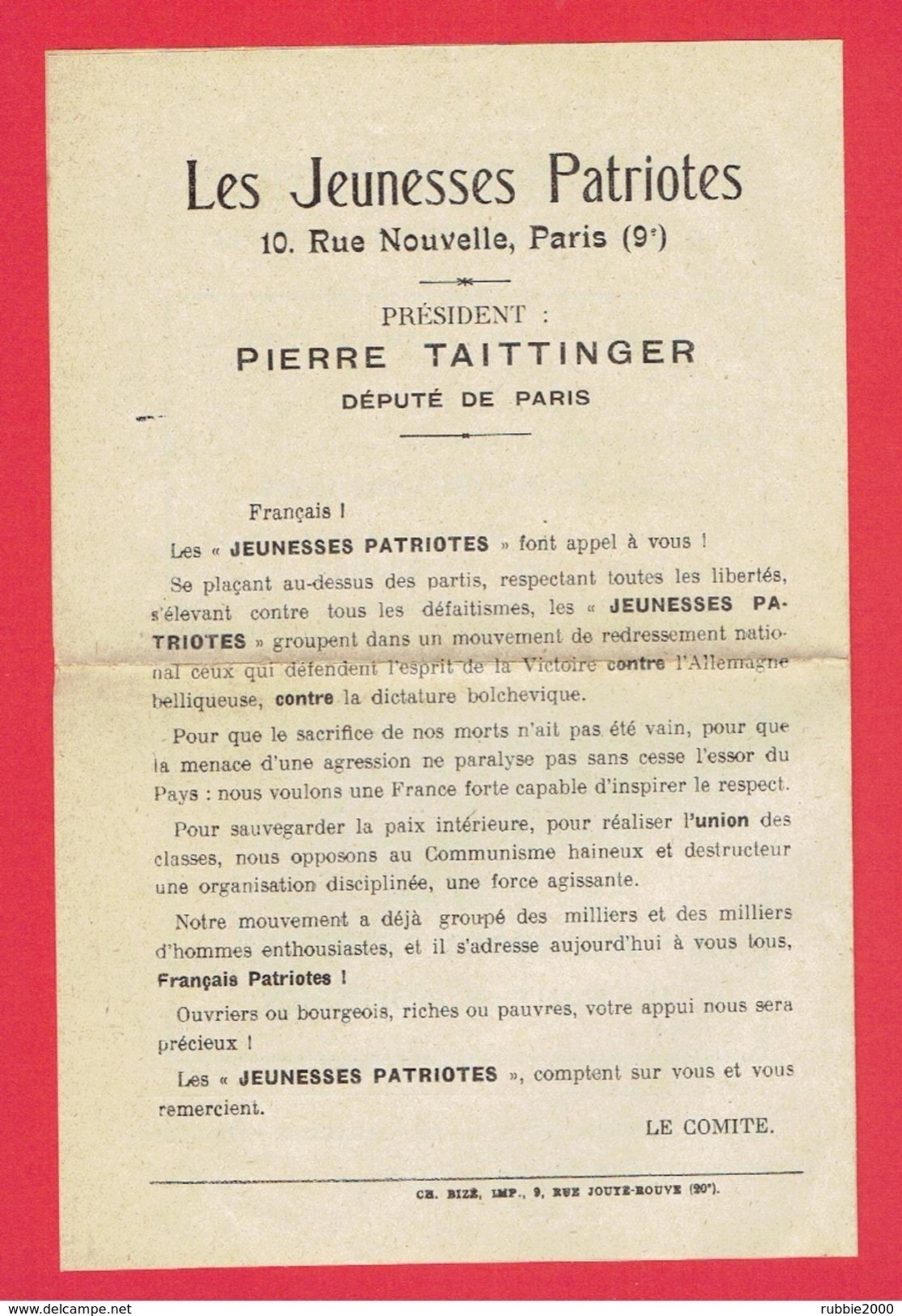 LES JEUNESSES PATRIOTES 1924 1936 PIERRE TAITTINGER DEPUTE DE PARIS 10 RUE NOUVELLE PARIS 9 IMPRIME D ADHESION - Autres & Non Classés