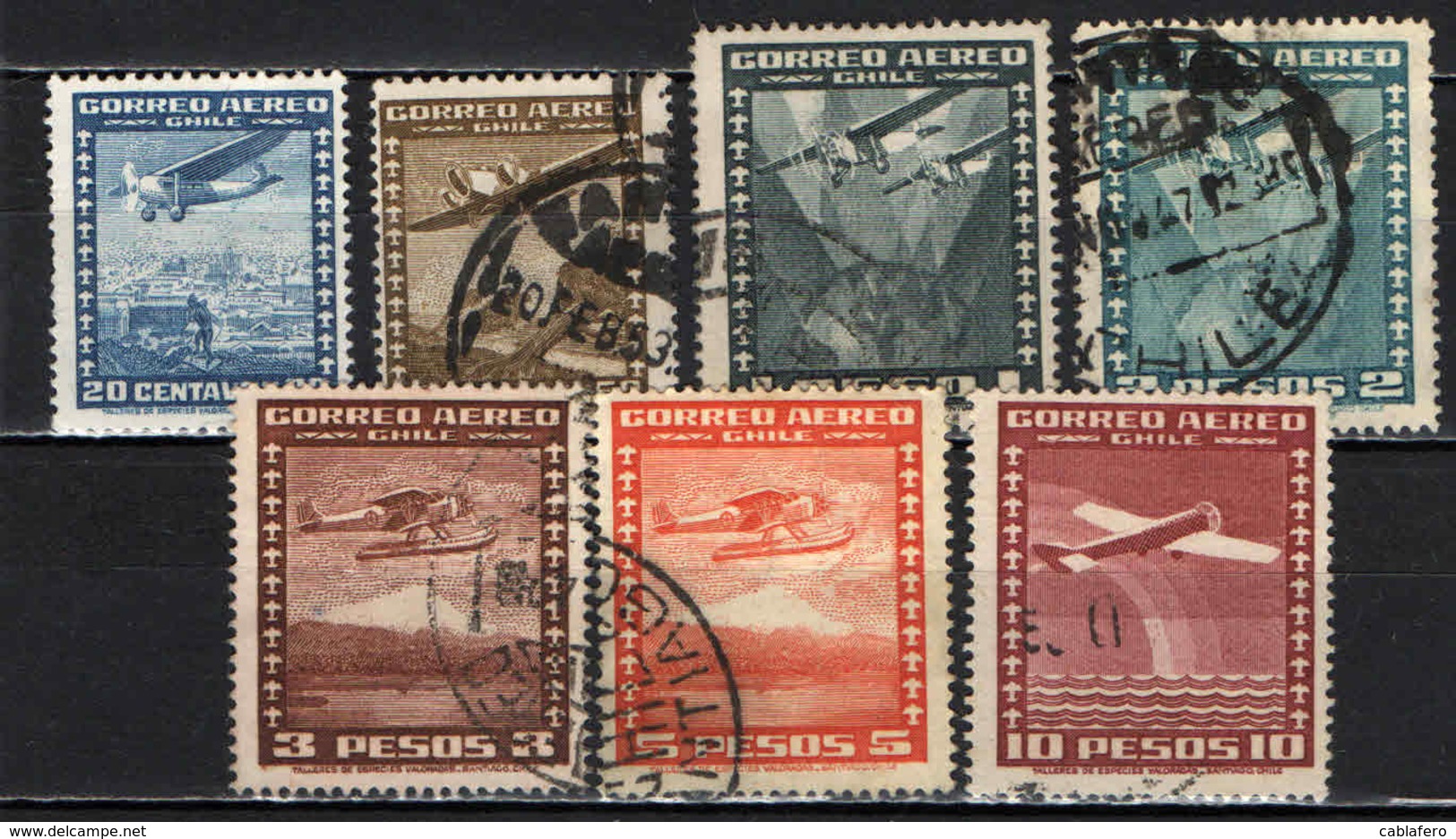 CILE - 1934 - AEROPLANI SULLA CITTA' ED AEROPLANI SUL GLOBO - USATI - Cile