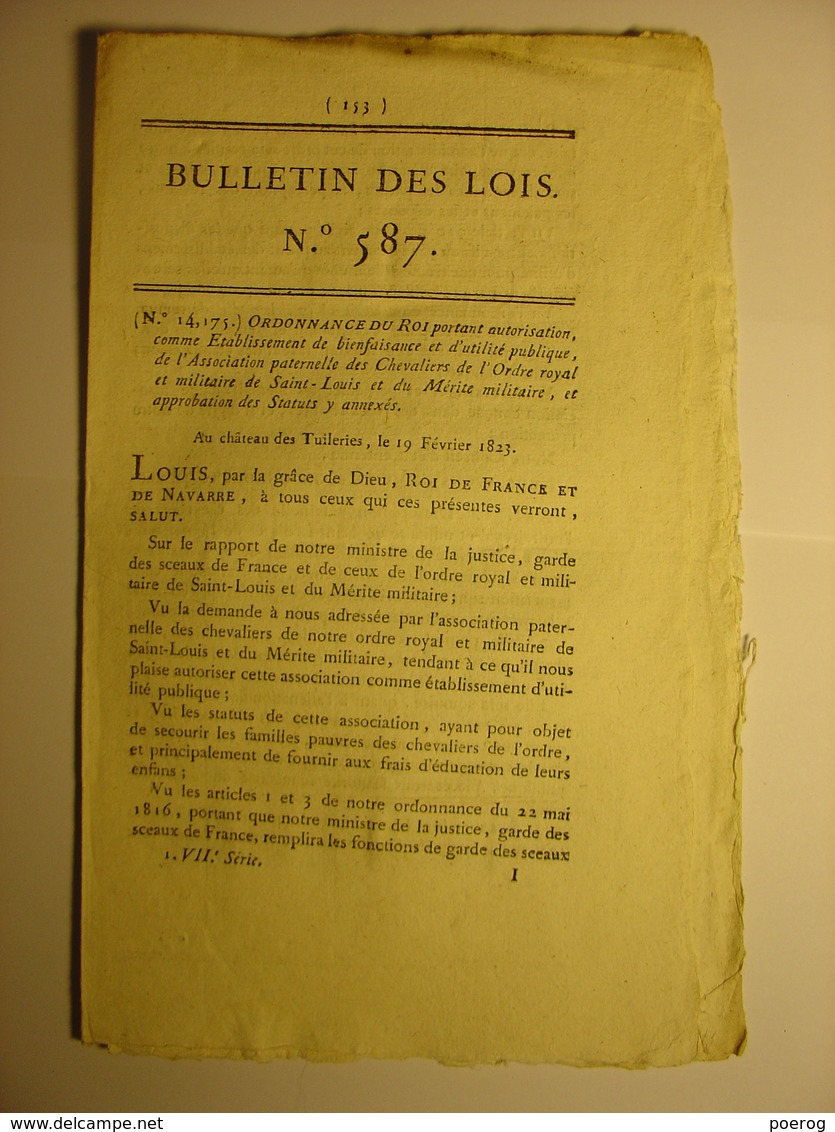 BULLETIN DES LOIS Du 24 FEVRIER 1823 - CHEVALIERS DE L'ORDRE ROYAL ET MILITAIRE DE SAINT LOUIS - STATUTS - Decrees & Laws