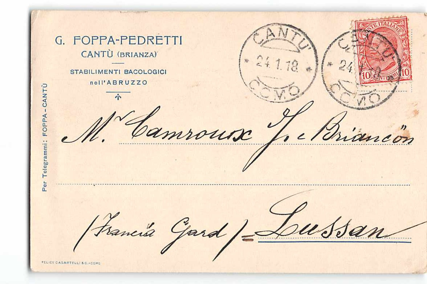 17275 FOPPA PEDRETTI CANTU STABILIMENTO BACOLOGICO X LUSSAN - Interi Postali