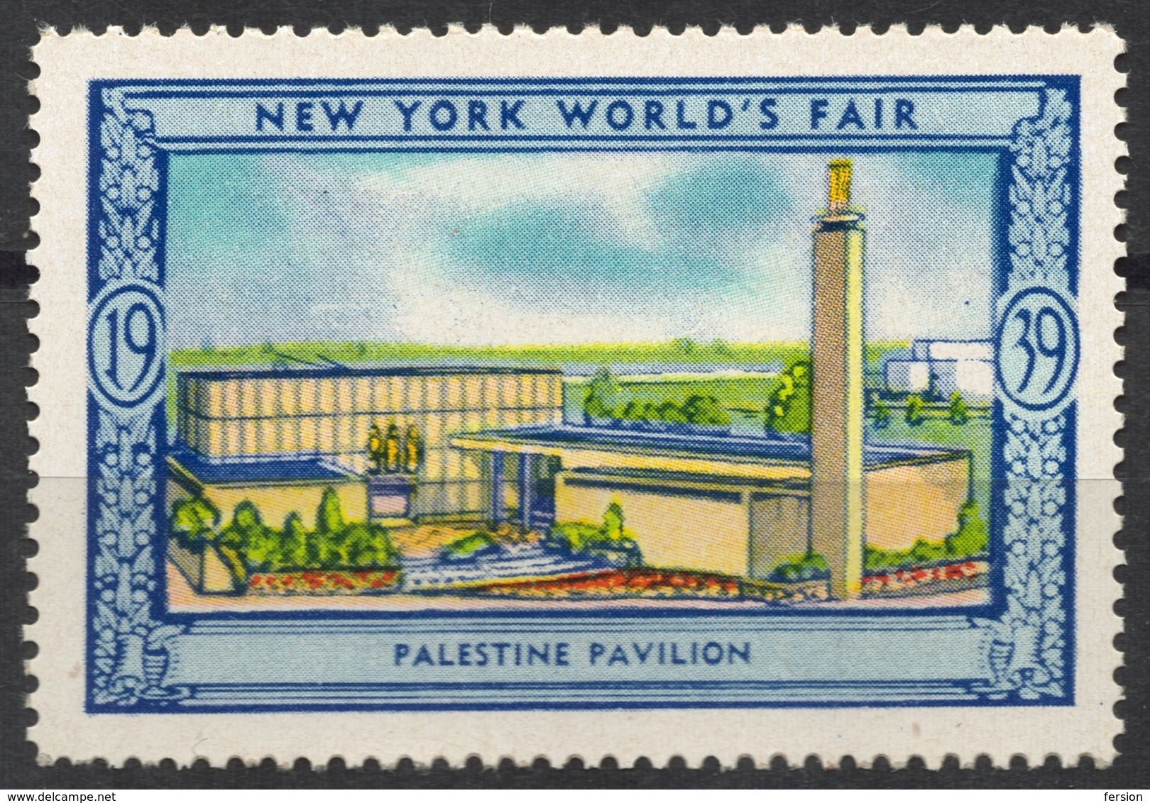 PALESTINE Building / Israel Park Tree Trees - 1939 New York World's Fair USA Charity Label Vignette Cinderella - JUDAICA - Other & Unclassified