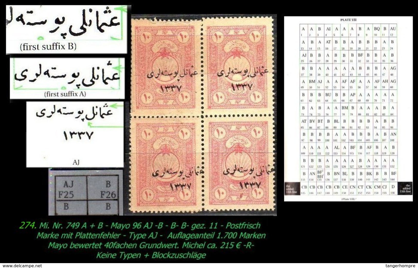 EARLY OTTOMAN SPECIALIZED FOR SPECIALIST, SEE...Mi. Nr. 749 - Mayo 96 Im 4er Block Mit Plattenfehlern -R- - 1920-21 Anatolia
