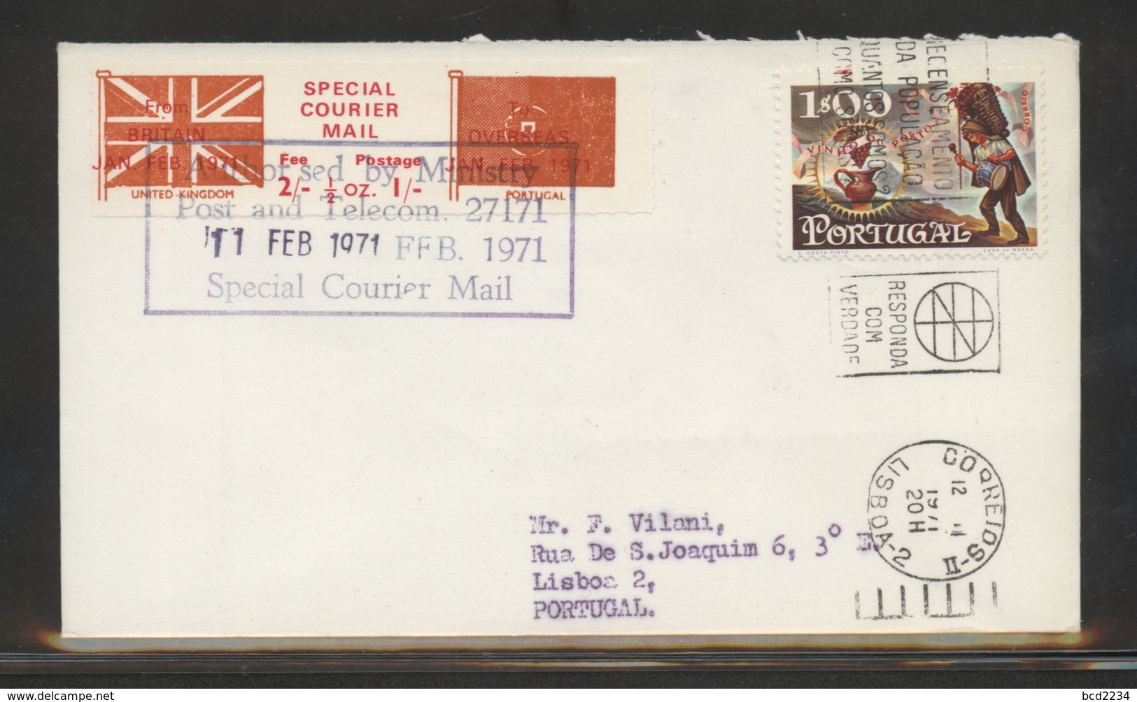 GREAT BRITAIN GB 1971 POSTAL STRIKE MAIL SPECIAL COURIER MAIL 1ST ISSUE PRE-DECIMAL COVER TO LISBON PORTUGAL 11 FEBRUARY - Storia Postale