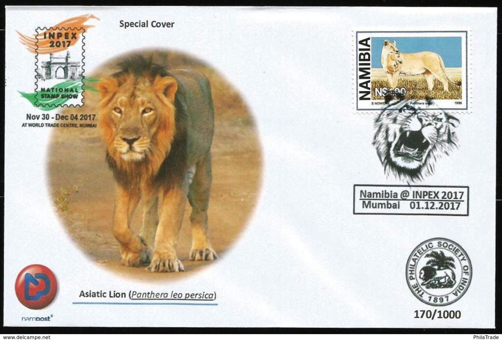 India 2017 Inpex Mumbai Stamp Exhibition, Namibia Special Postmark, Lion, Inde, Indien - Félins