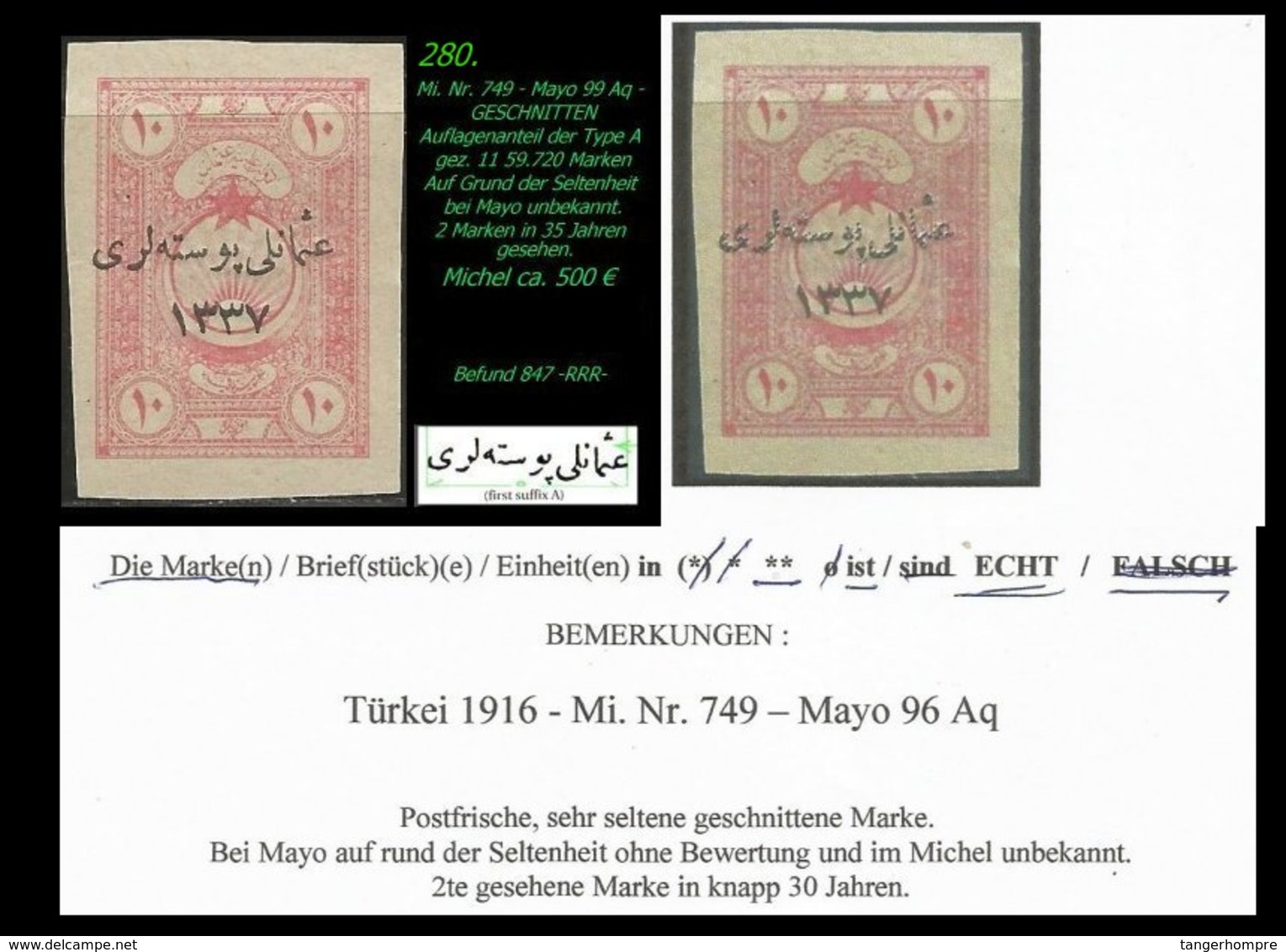 EARLY OTTOMAN SPECIALIZED FOR SPECIALIST, SEE...Mi. Nr. 749 - Mayo 99 Aq - Ungezähnt -RRR- - 1920-21 Kleinasien