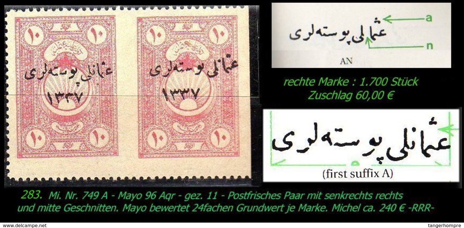 EARLY OTTOMAN SPECIALIZED FOR SPECIALIST, SEE...Mi. Nr. 749 - Mayo 96 Aqr- Teilgezähnt Im Paar -RRR- - 1920-21 Anatolie