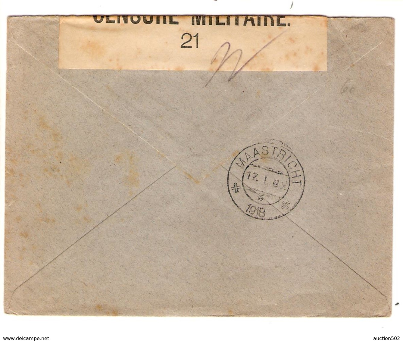 PR642/ TP 140 S/L.c.PMB-BLP 4 15/12/17 Censure Militaire 21 V.Maastricht C.d'arrivée 17/1/1918 - Belgische Armee