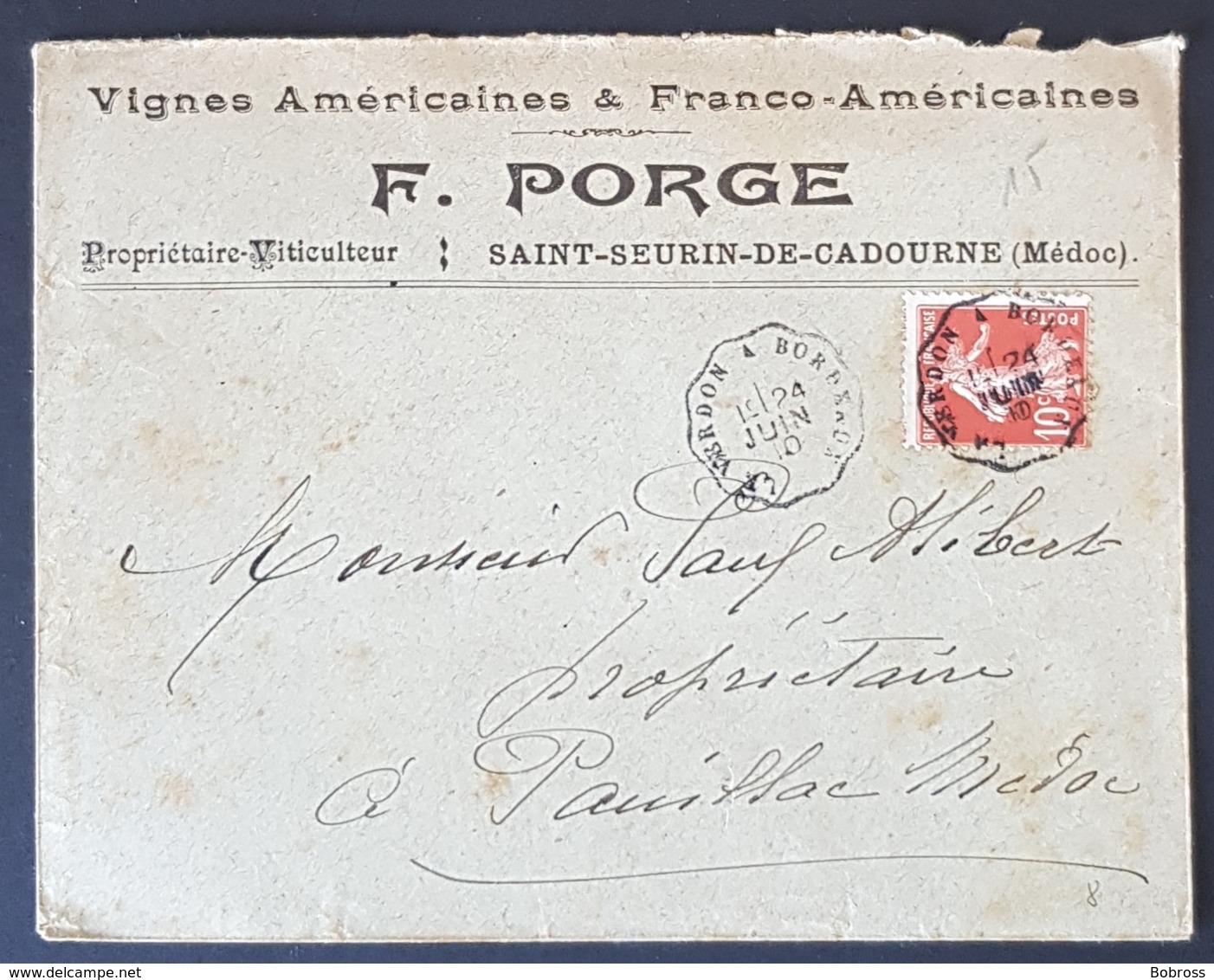 1910 Cover, Enveloppe De F.Porge Verdon Bordeaux Pour Pauillac Medoc, France, Republique Française - 1906-38 Semeuse Camée