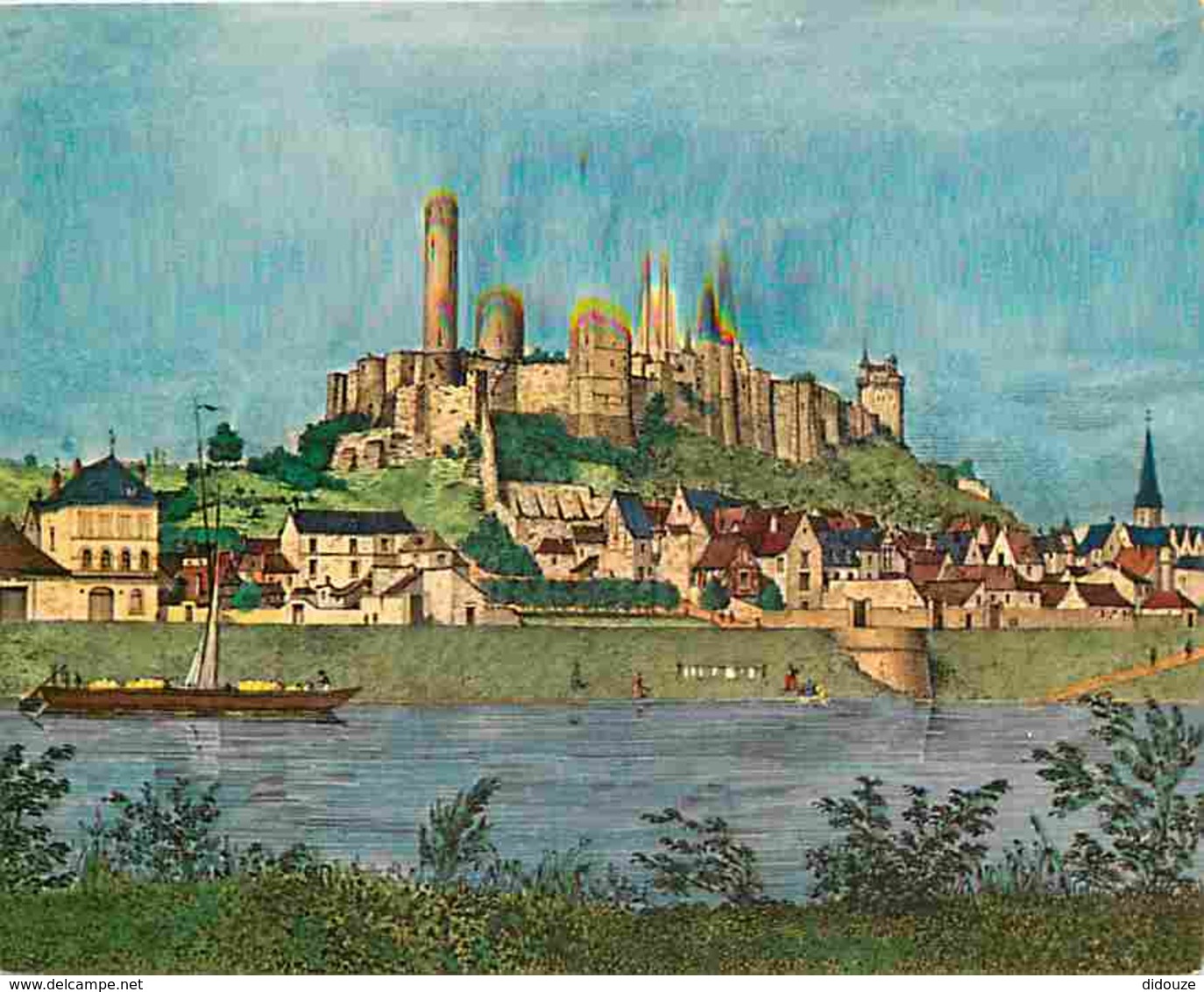 Art - Peinture - Gravure Lithographie Ancienne - Autrefois - Les Chateaux De La Loire - Chinon - La Vienne Et Le Château - Peintures & Tableaux