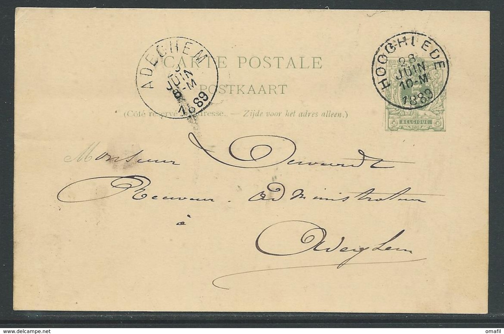 PWST Carte Postale 5 C Verstuurd Uit Hooghlede 28 Juin 1889 - Postkarten 1871-1909
