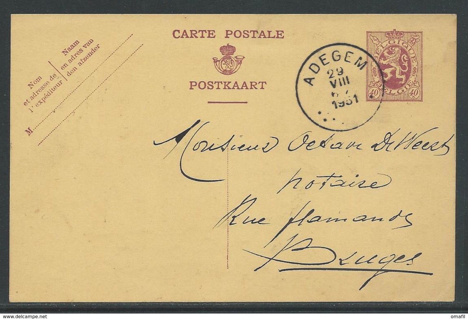 PWST Carte Postale 40 C Verstuurd Uit Adegem 29.8.1931 Naar Bruges - Cartes Postales 1909-1934