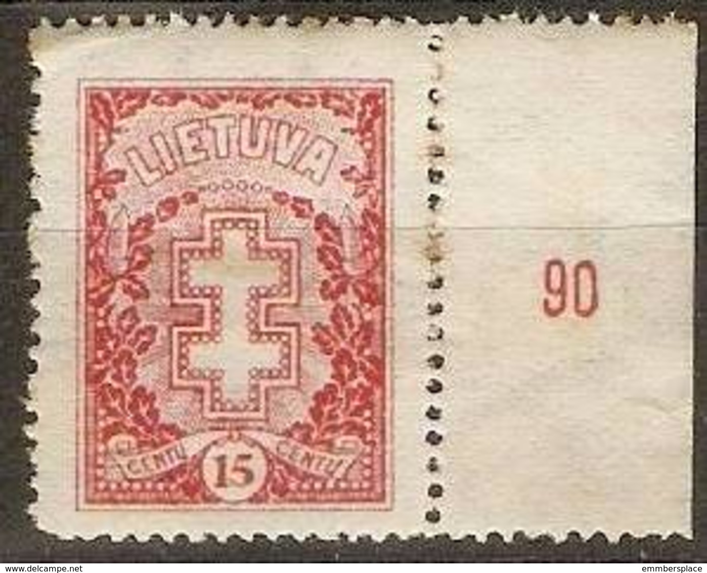 Lithuania - 1927 Lithuanian Cross No W/mark 15c MLH *   SG 279;   Sc 214 - Lithuania