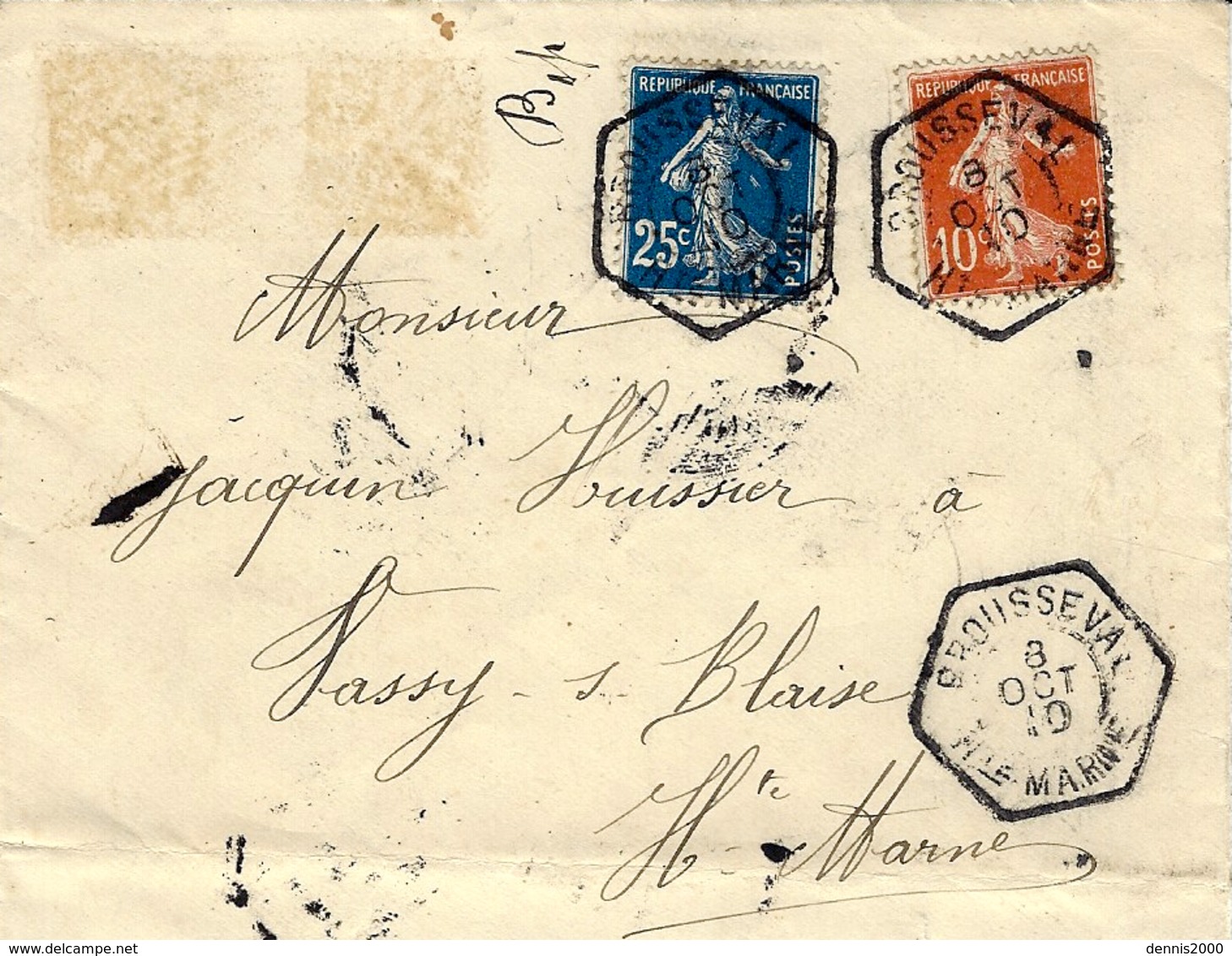 1910- Enveloppe RECC.  Affr. à 35 C Oblit. Cad Hexagone. Plein De R A R  De BROUSSEVAL  / Hte Marne - 1877-1920: Periodo Semi Moderno