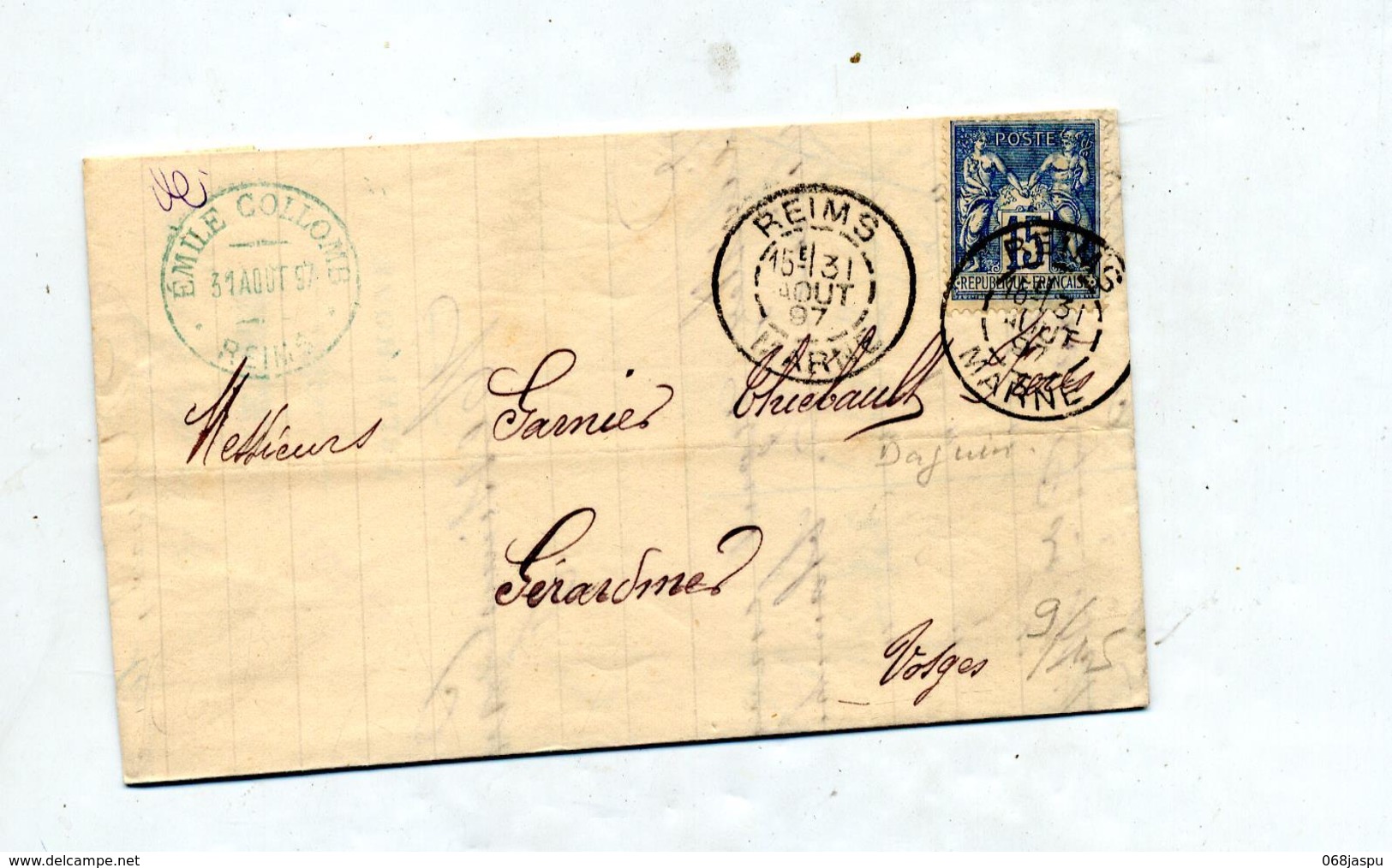Lettre Cachet Reims Sur Sage + Gerardmer - 1849-1876: Période Classique