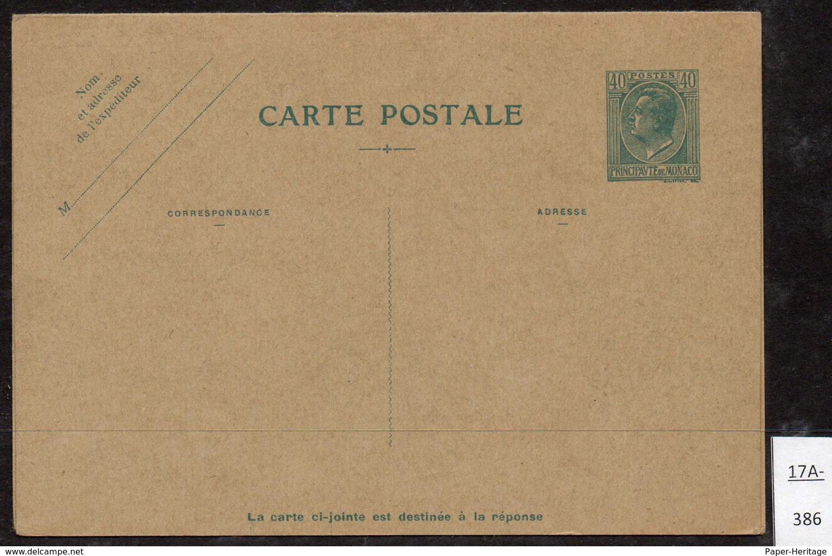 Monaco Entier EP Stationery Louis II With Reply Card Attached 40c+40c CP Neuf Unused, Très Propre. - Postal Stationery