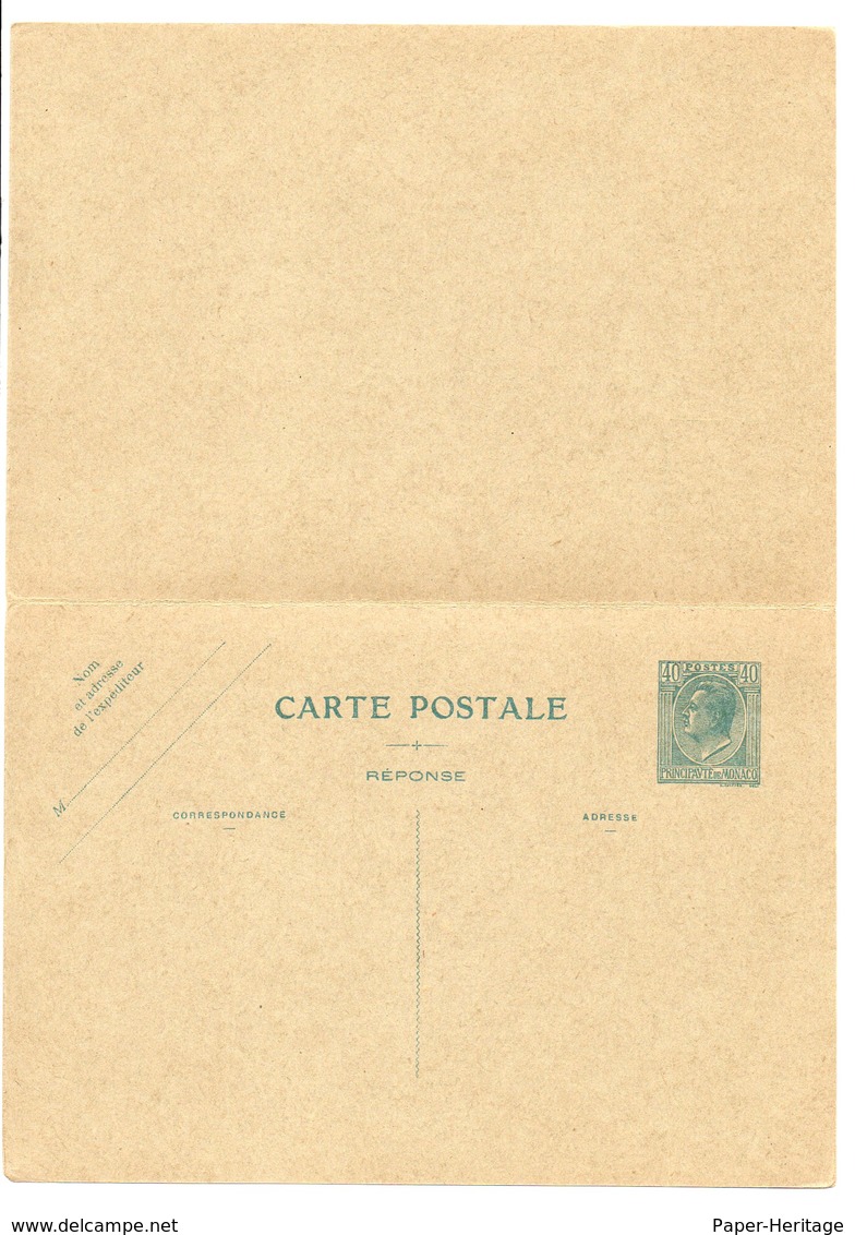 Monaco Entier EP Stationery Louis II With Reply Card Attached 40c+40c CP Neuf Unused, Très Propre. - Postal Stationery