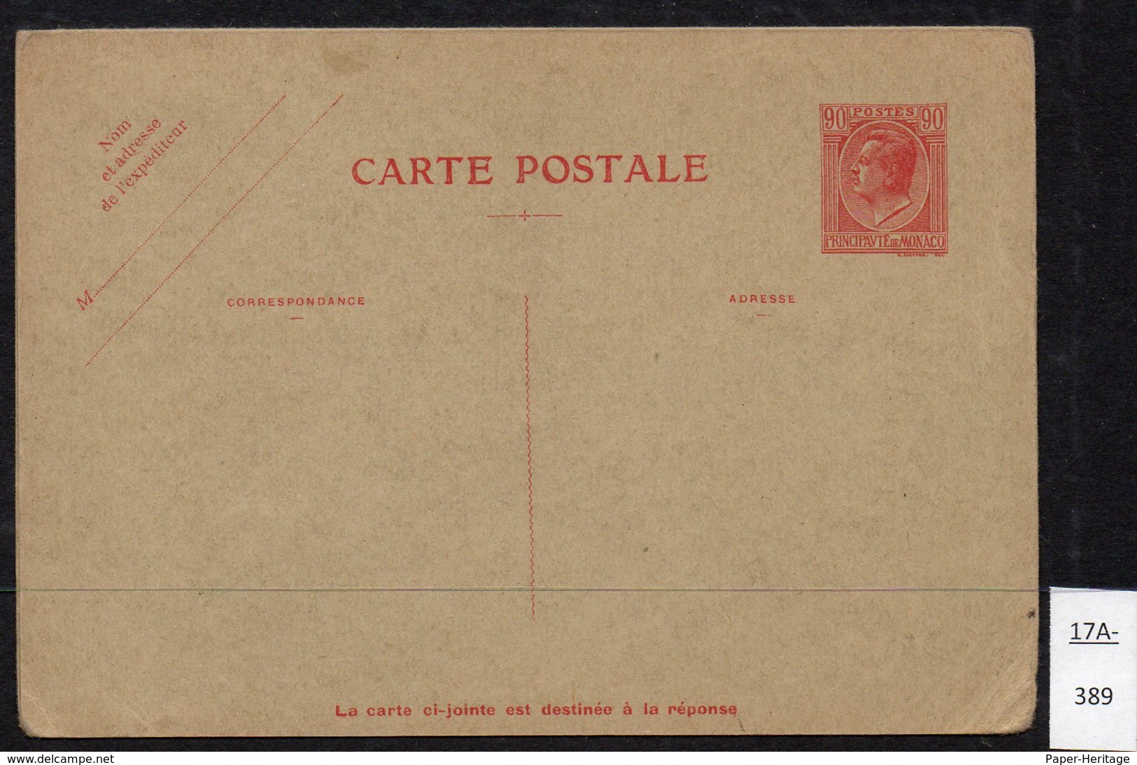 Monaco EP Entier Postal Stationery Louis II With Reply Card Attached 90c+90c Neuf / Unused . - Postal Stationery