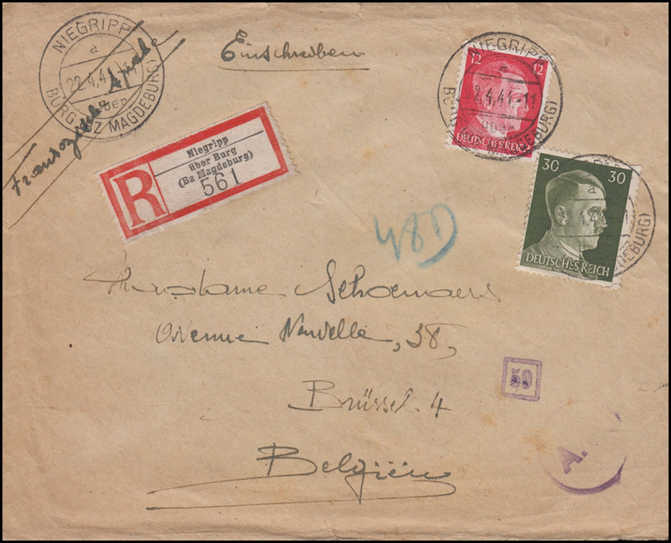 Freimarken-MiF R-Brief NIEGRIPP über BURG / Bz. MAGDEBURG) 22.4.44 Nach Brüssel - Other & Unclassified