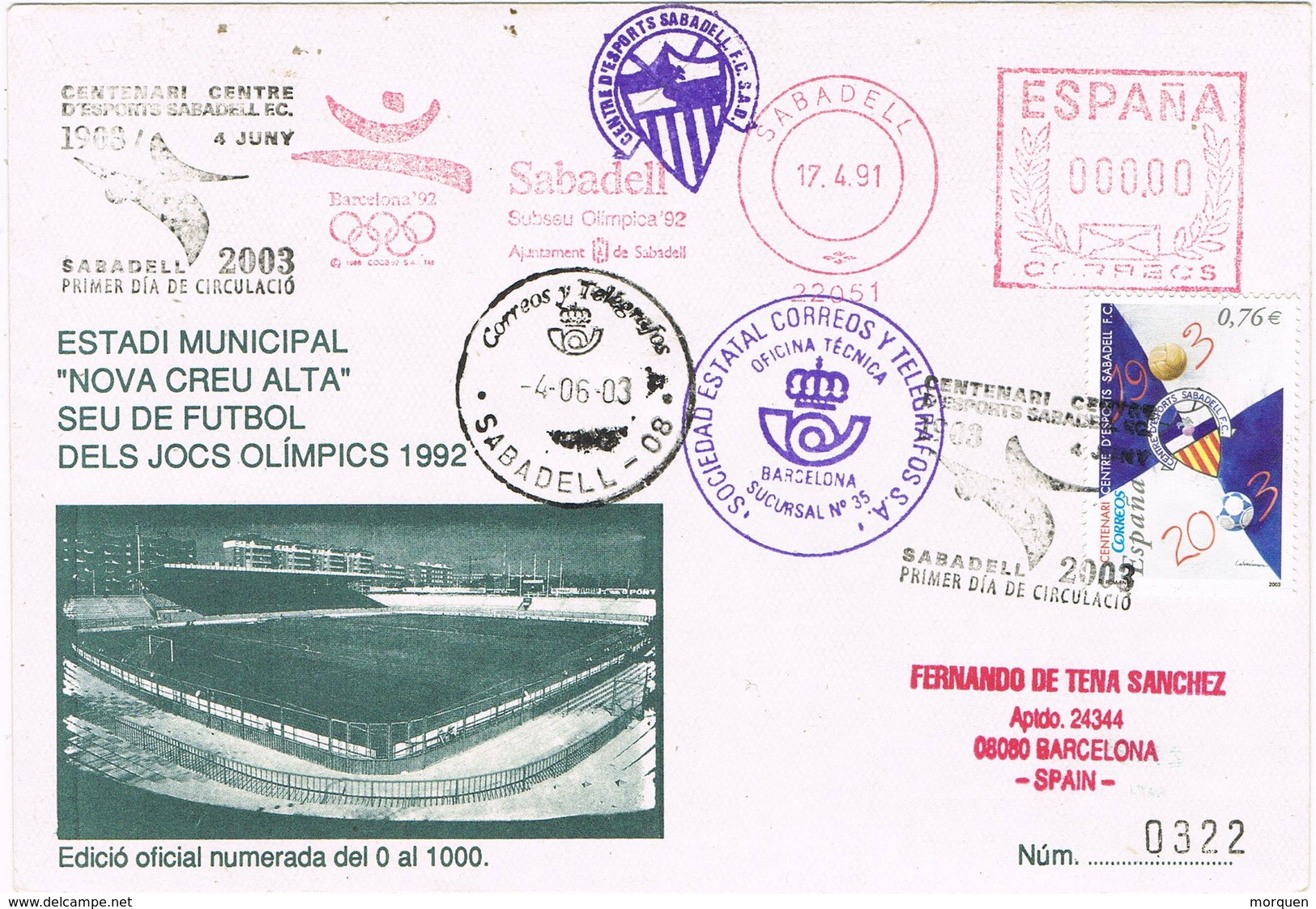 32143. Carta SABADELL (Barcelona) 2003. Deportes Estado Municipal, Sede Olimpica, Centenario Club - Cartas & Documentos