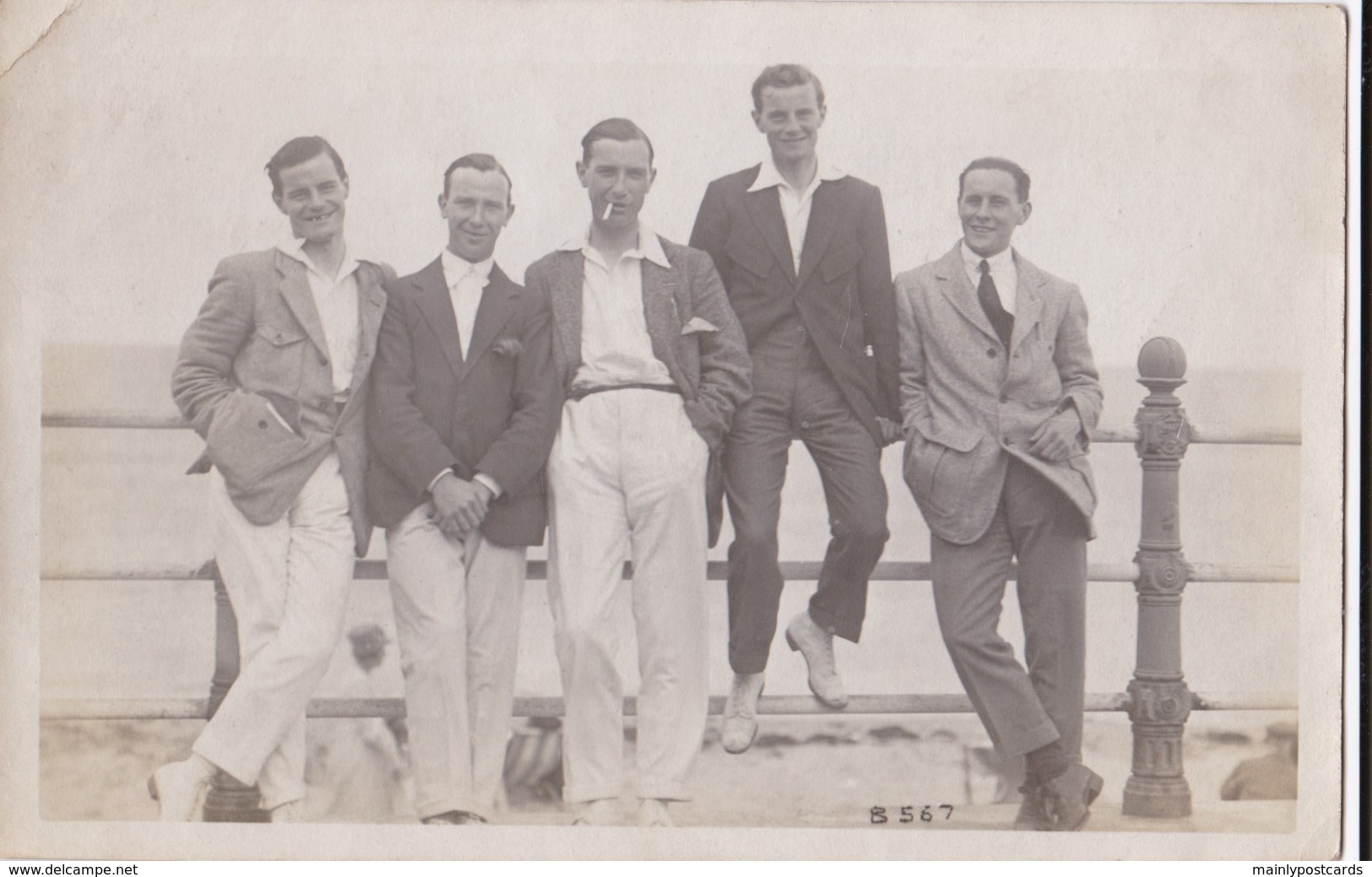AS34 RPPC - 5 Young Men At The Seaside, One Smoking - Photographs