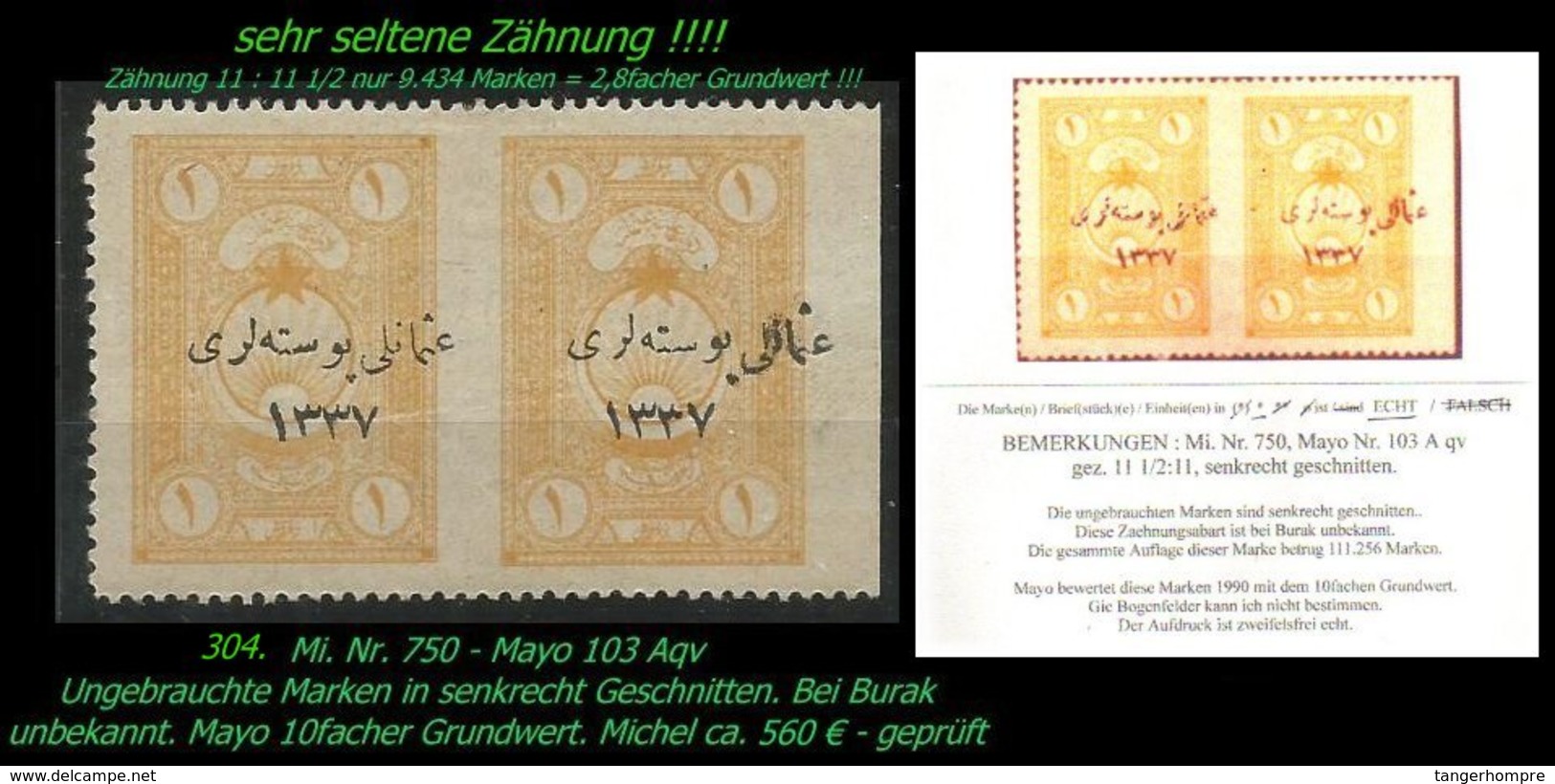 EARLY OTTOMAN SPECIALIZED FOR SPECIALIST, SEE...Mi. Nr. 750 - Mayo 103 Aqv - Teilgezähnt -RRR- - 1920-21 Kleinasien