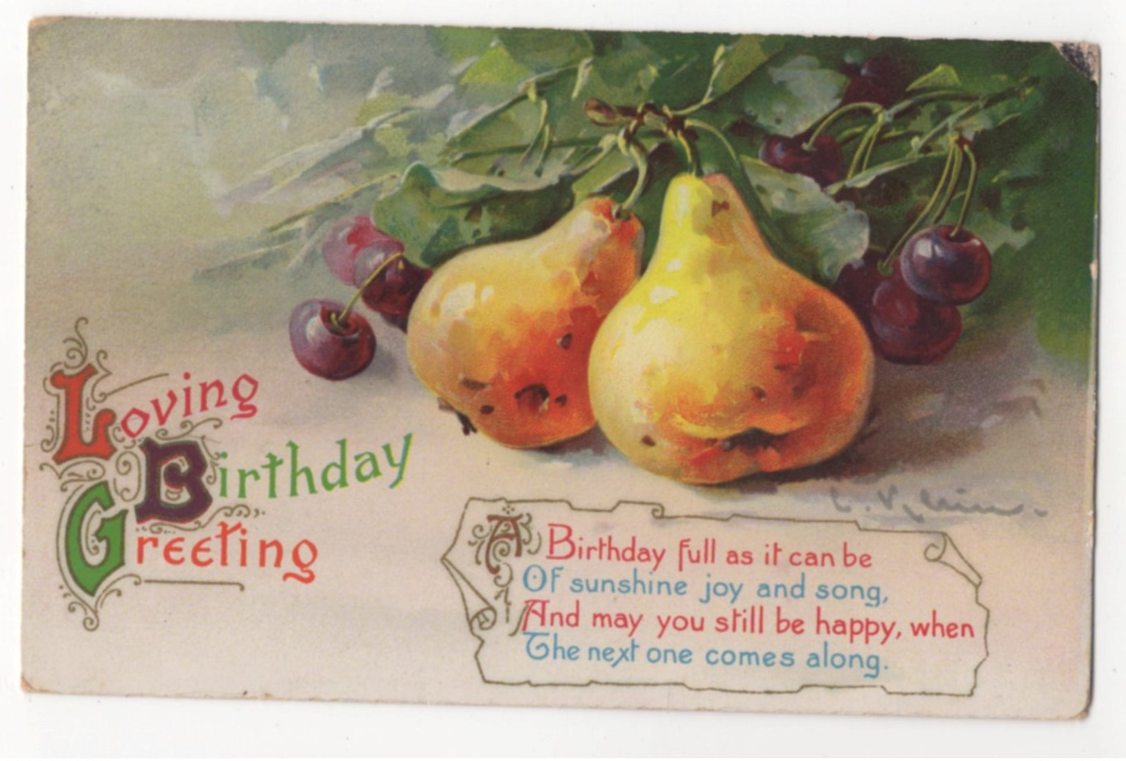 C Klein Loving Birthday Greetings Pears & Grapes 2250 Wildt & Kray 1912 Art Postcard - Klein, Catharina