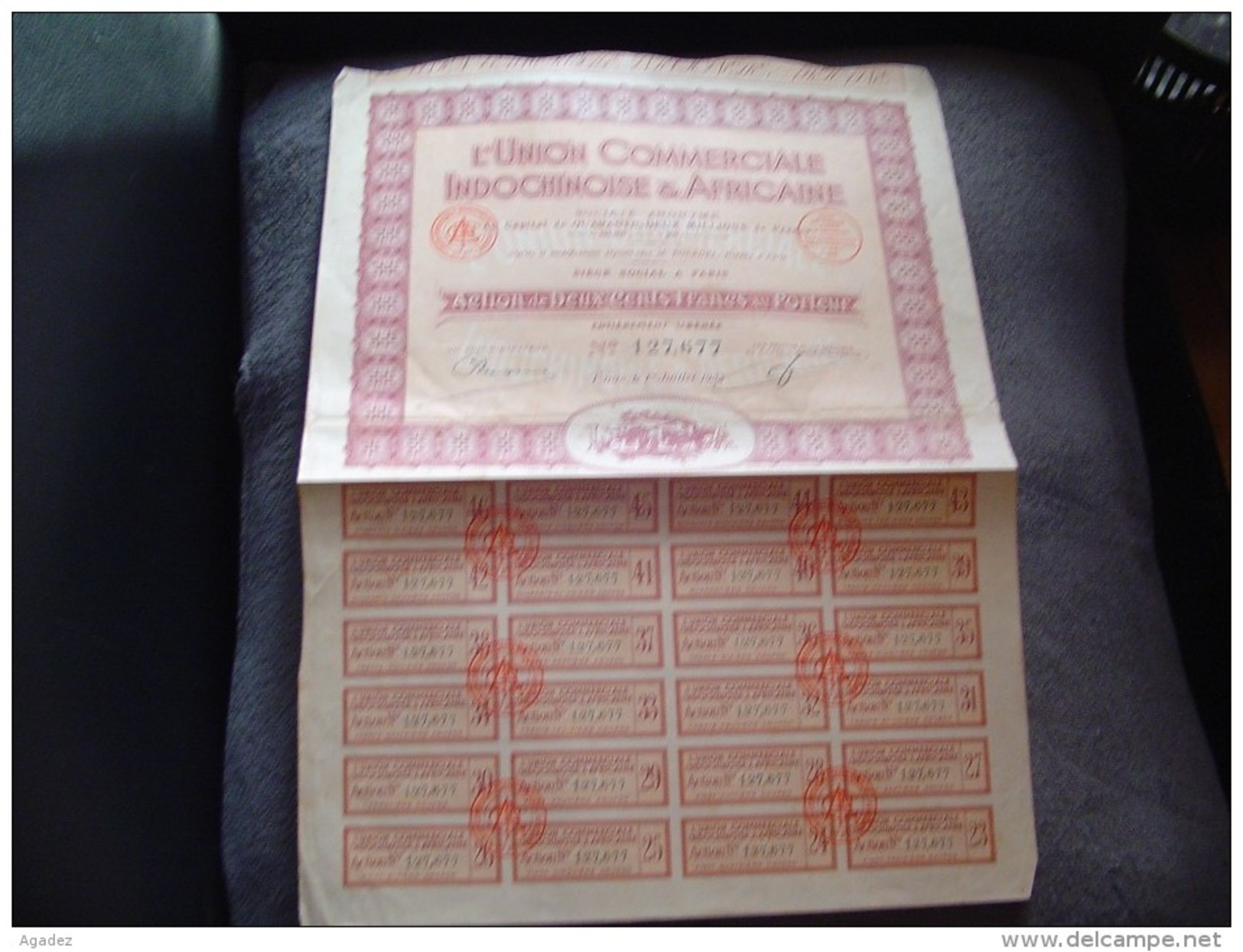 Action"L'union Commerciale Indochinoise Et Africaine"Paris 1933 Avec Tous Les Coupons.N°127,680 Tres Bon état - Afrique