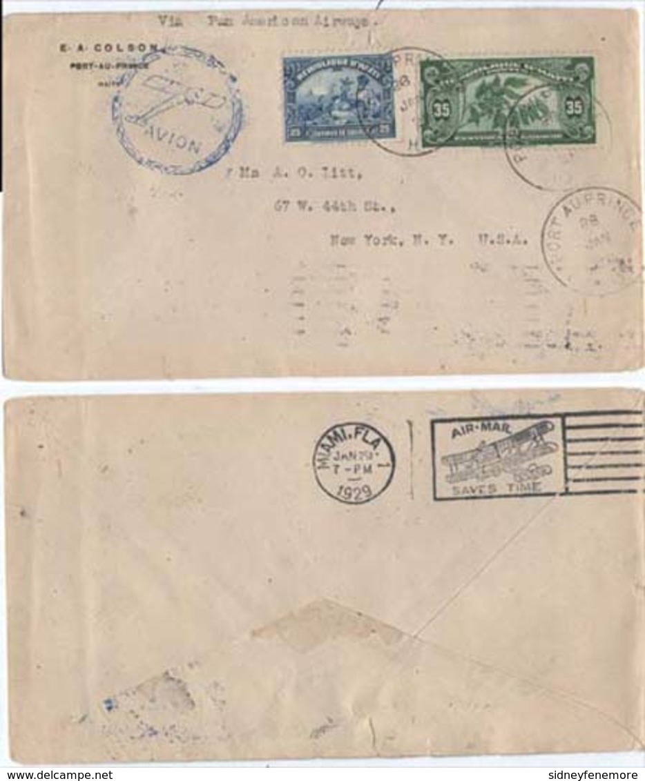 Haiti 1929 Air Mail Cover From Port AU Price To U.S.A. Back Stamped  "payment Request" By "invoice" - Haiti