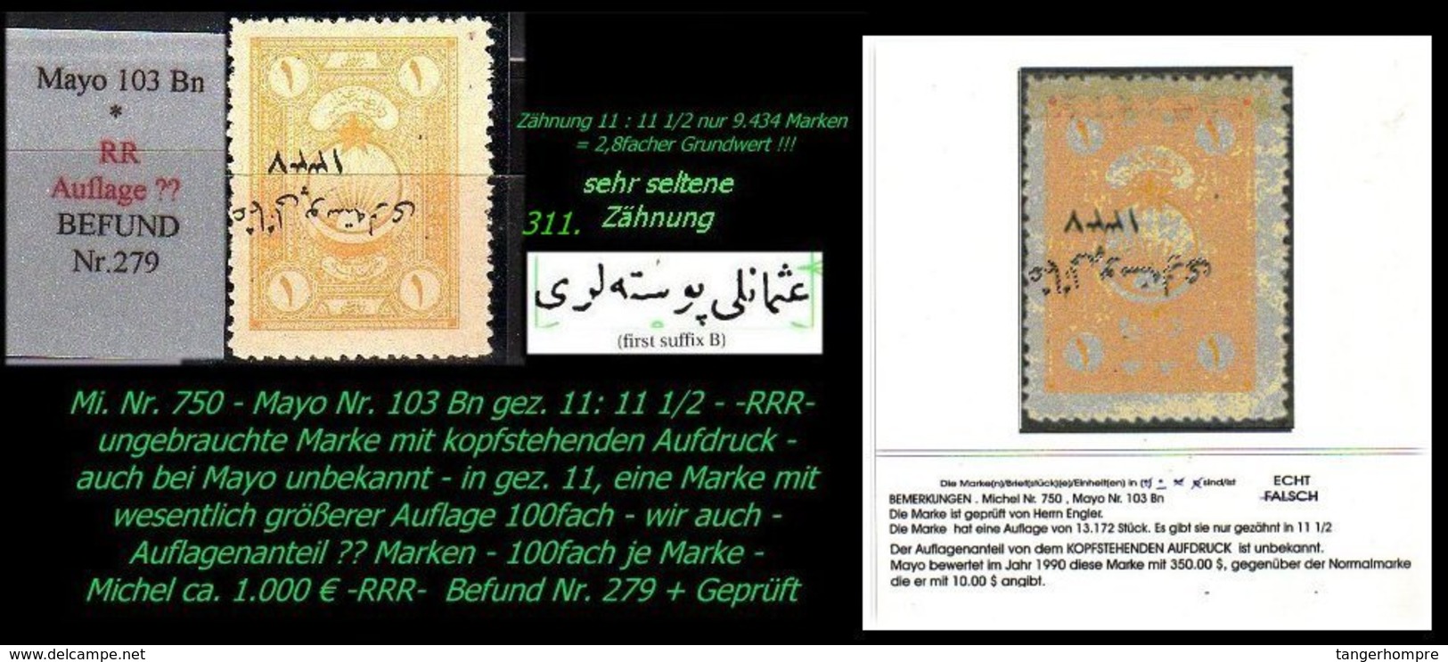 EARLY OTTOMAN SPECIALIZED FOR SPECIALIST, SEE...Mi. Nr. 750 - Mayo 103 Bn - Auflagenanteil ?? Marken -RRR- - 1920-21 Anatolie