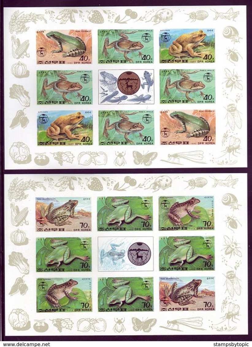 Korea 1992 Frogs Set 6v + 2 MS (blocs) IMPERF Mnh / ** Butterflies Toads Insects Fruit Snails Beetles Grapes Pumpkins - Korea, North