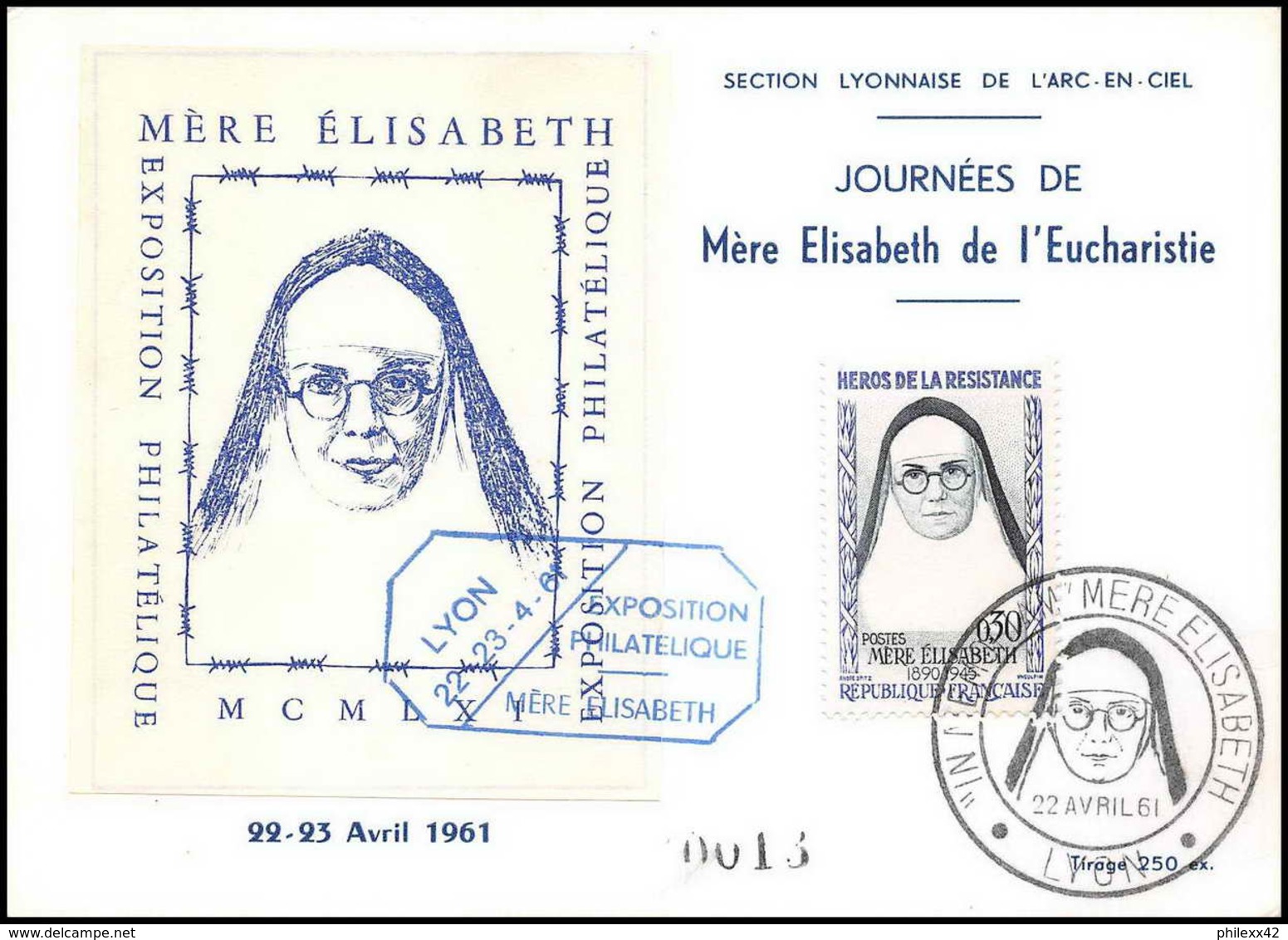 1602/ Carte Maximum (card) France N°1291 Héros De La Résistance Journées Mère Elisabeth Eucharistie 22/4/1961 Lyon - 1960-1969