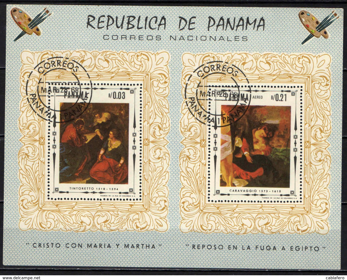 PANAMA - 1967 - DIPINTI SULLA VITA DI CRISTO: CON MARIA E MARTA, FUGA IN EGITTO - SOUVENIR SHEET - USATO - Panama