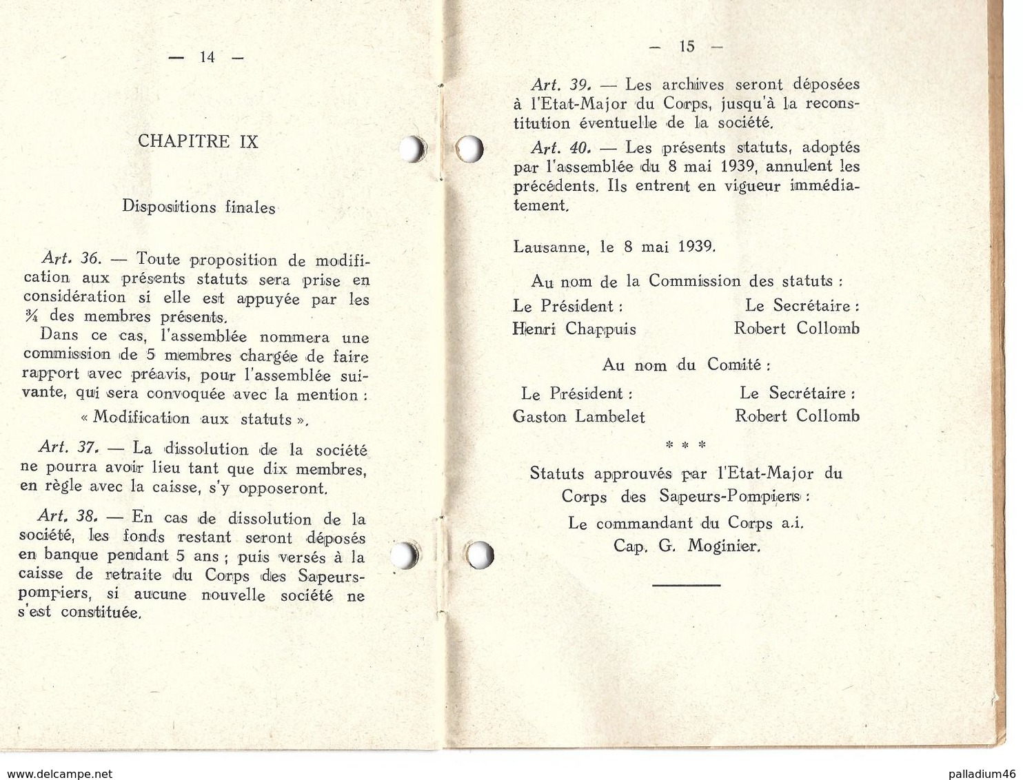 VAUD LAUSANNE SAPEURS-POMPIERS 1939 - STATUTS DE LA STÉ DES SOUS-OFFICIERS VILLE DE LAUSANNE 20 PAGES EN TOUT ET COMPLET - Documents Historiques