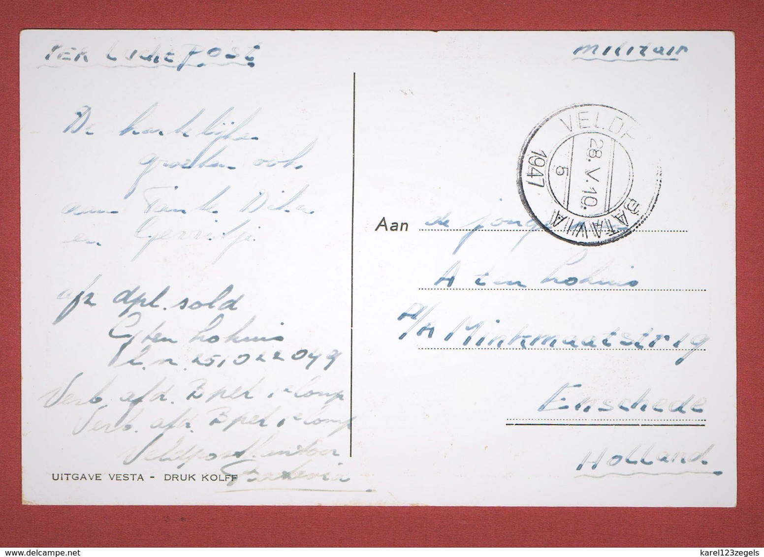 Zichtkaart Militaire Post: " Veldpost Batavia 1947" Naar Enschede 2 Scan - Niederländisch-Indien