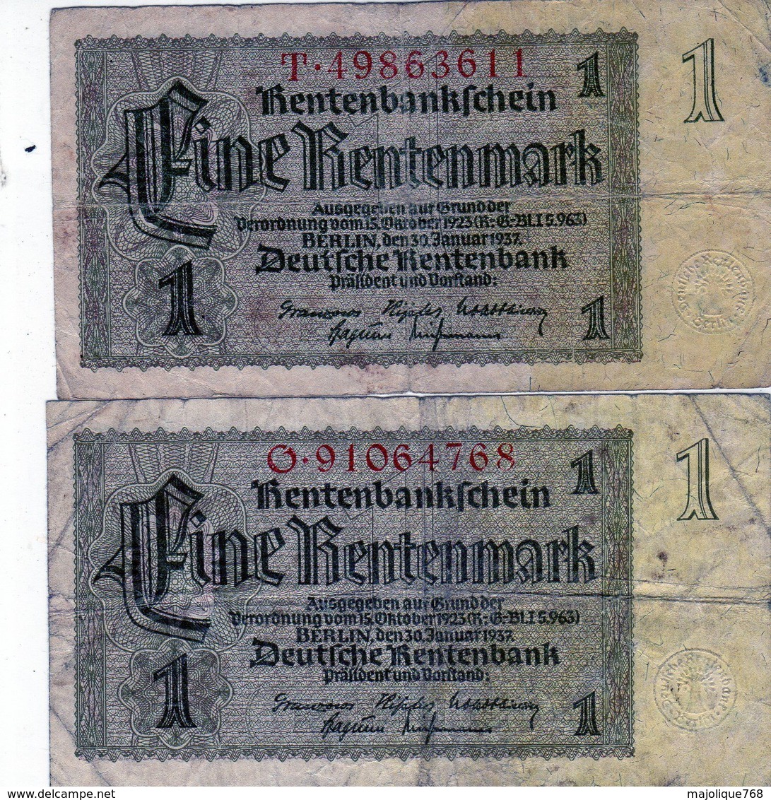 2 Anciens Billets Allemand - De 1 Rentenmark Du 30 Janvier 1937 - - 1 Rentenmark