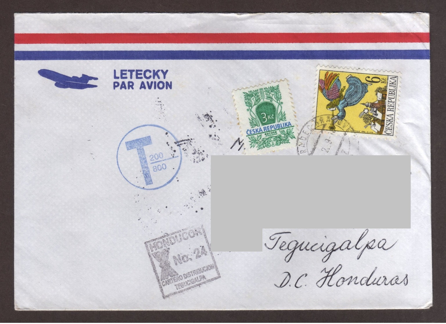 Czech Republic, Cover Sent From Hradec Králové-Tegucigalpa With Architecture Stamps, Christmas, 1999 - Brieven En Documenten