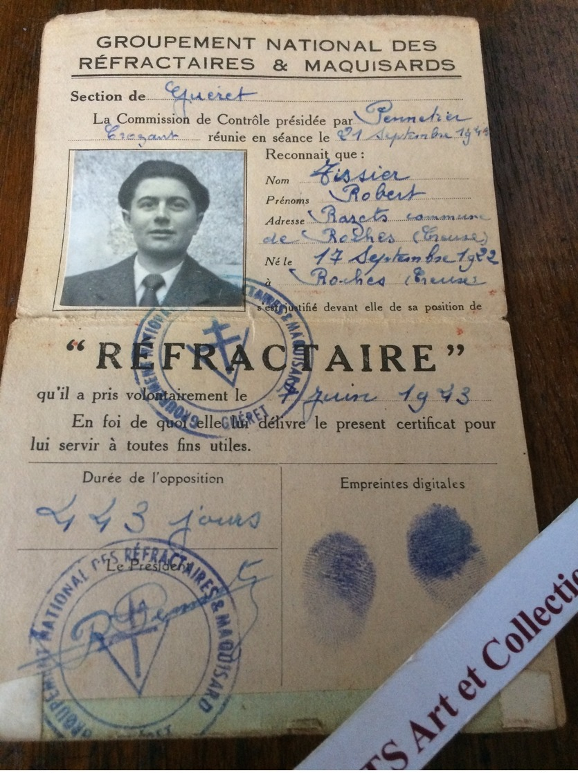 GUERET  FFI  CARTE IDENTITÉ CHANTIERS DE JEUNESSE+ CARTE  GROUPEMENT DES REFRACTAIRES & MAQUISARDS +DOCUMENTS D;ÉPOQUE. - Documenti