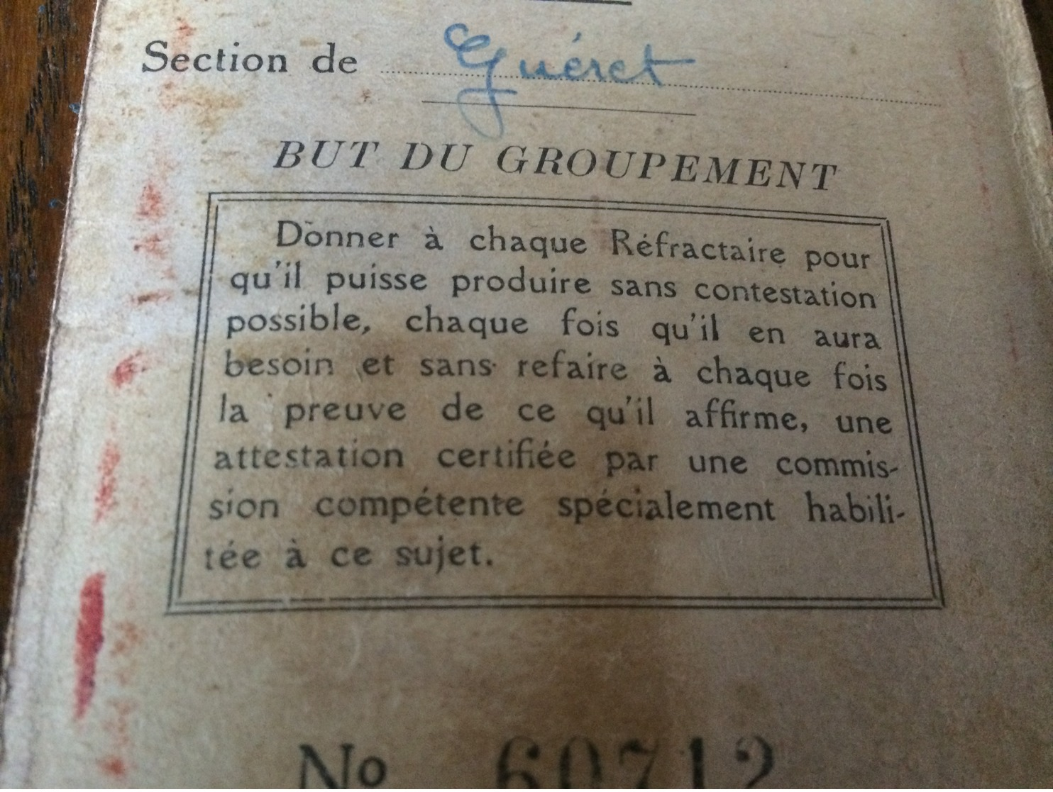 GUERET  FFI  CARTE IDENTITÉ CHANTIERS DE JEUNESSE+ CARTE  GROUPEMENT DES REFRACTAIRES & MAQUISARDS +DOCUMENTS D;ÉPOQUE.