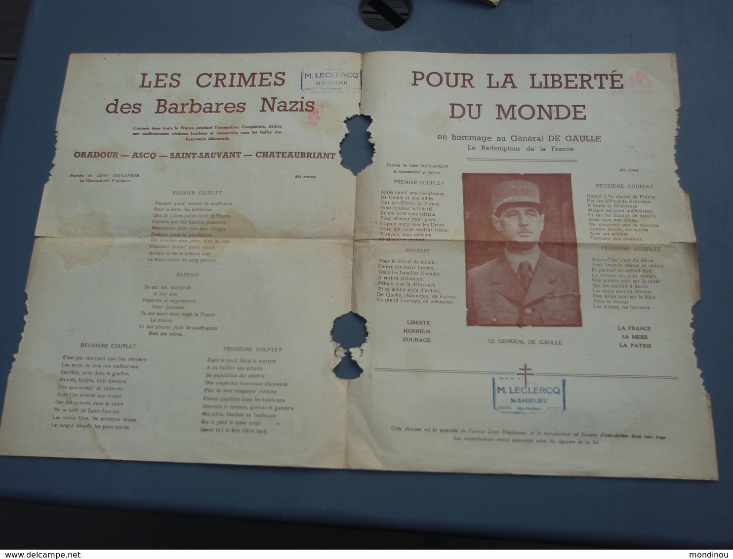 Feuillet Double Page Les Crimes Des Barbares Nazis ORADOUR Ils Ont Tués Mon Père. Paroles De Léon DELPLANQUE - 1939-45