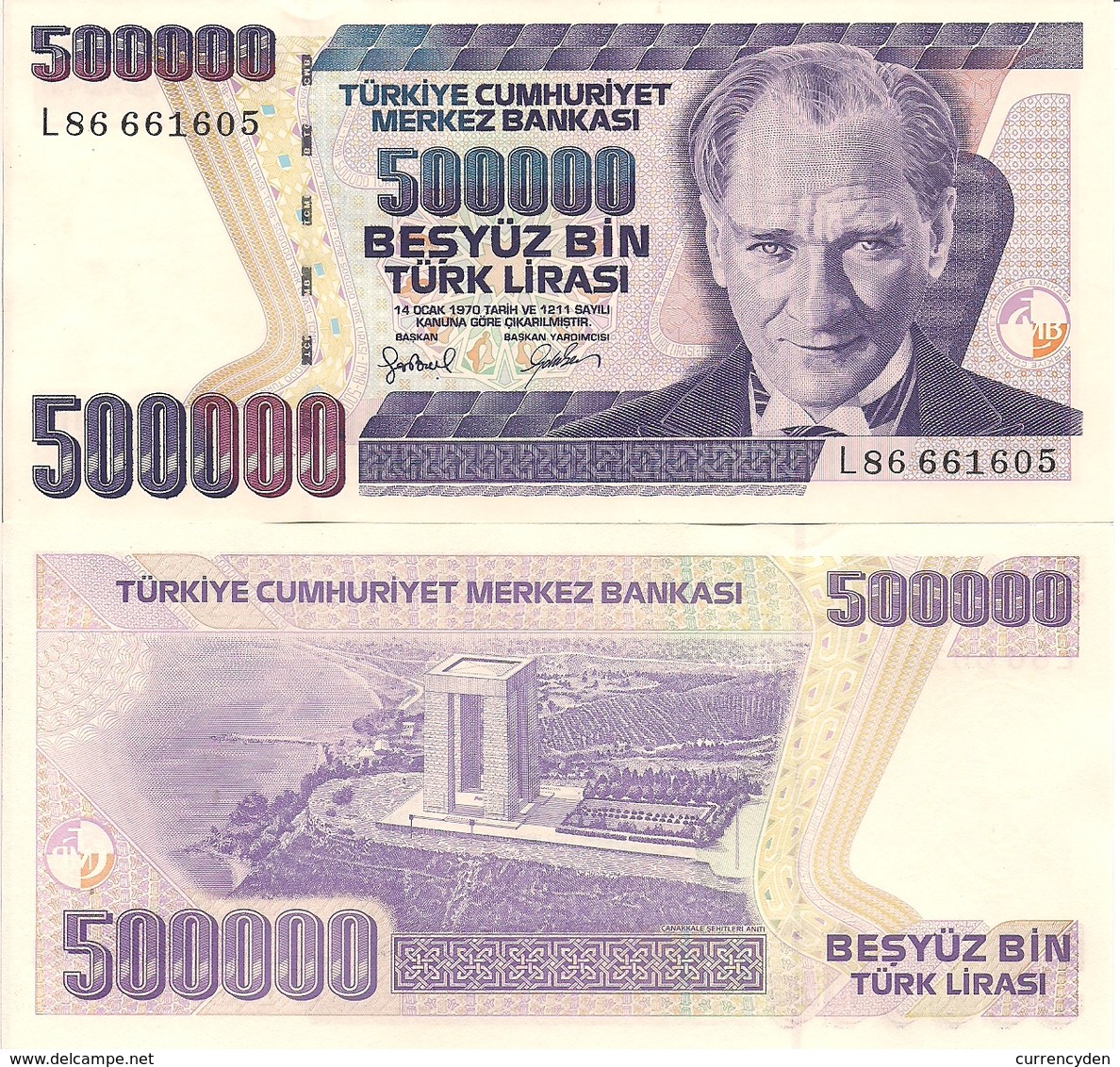 Turkey P212, 500,000 Lirasi, Ataturk / Martyrs' Memorial OVI Square, UNC $6 CV - Turkey