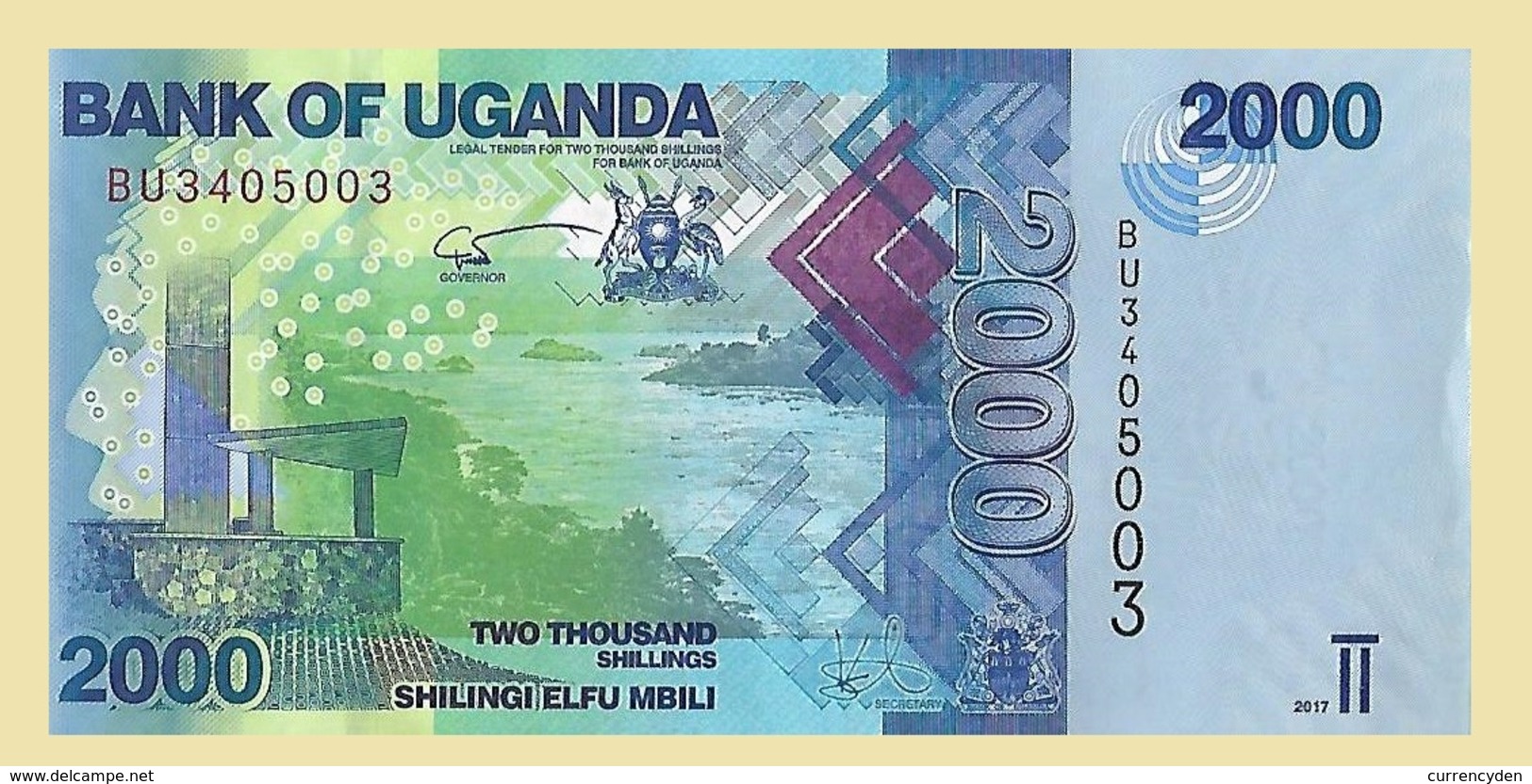 Uganda P50d, 2000 Shilling, Monument / Tilapia Fish UNC UV & WM Images HIGH TECH - Uganda