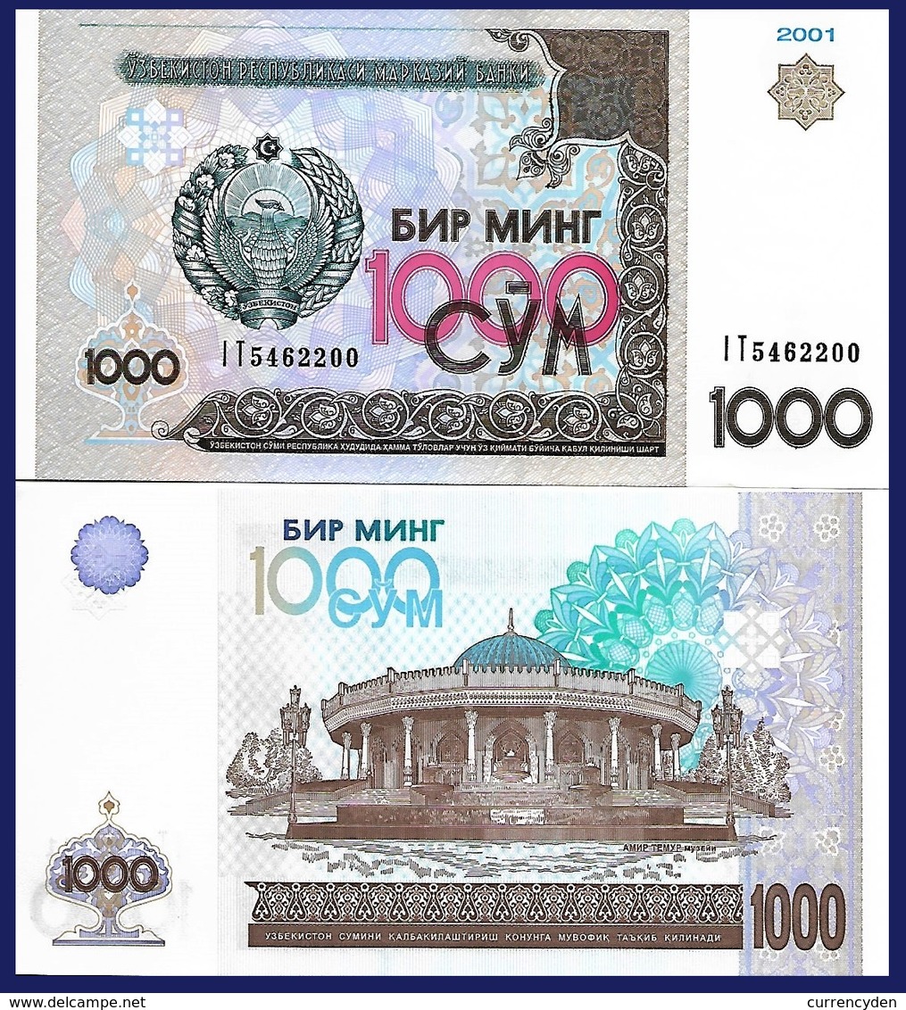 Uzbekistan P82, 1000 Sum, Emir Temur Museum , UNC, 2001 $8 CV, See UV & W/m - Uzbekistan