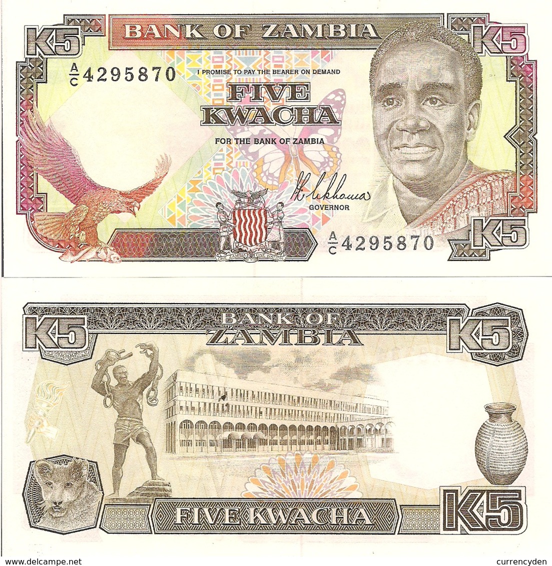 Zambia P30a, 5 Kwacha, Eagle, Butterfly, Fish Eagle / Lion Cub UNC $7 Cat Val - Sambia
