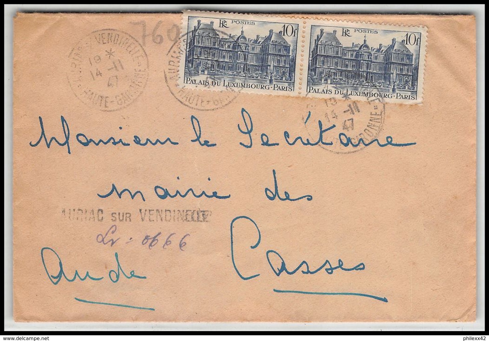 2276 Lettre (cover) Recommandé Provisoire N°760 Palais Du Luxembourg Auriac Sur Vendinelle 14/11/1947 Pour Casses Aude - Bolli Provvisori
